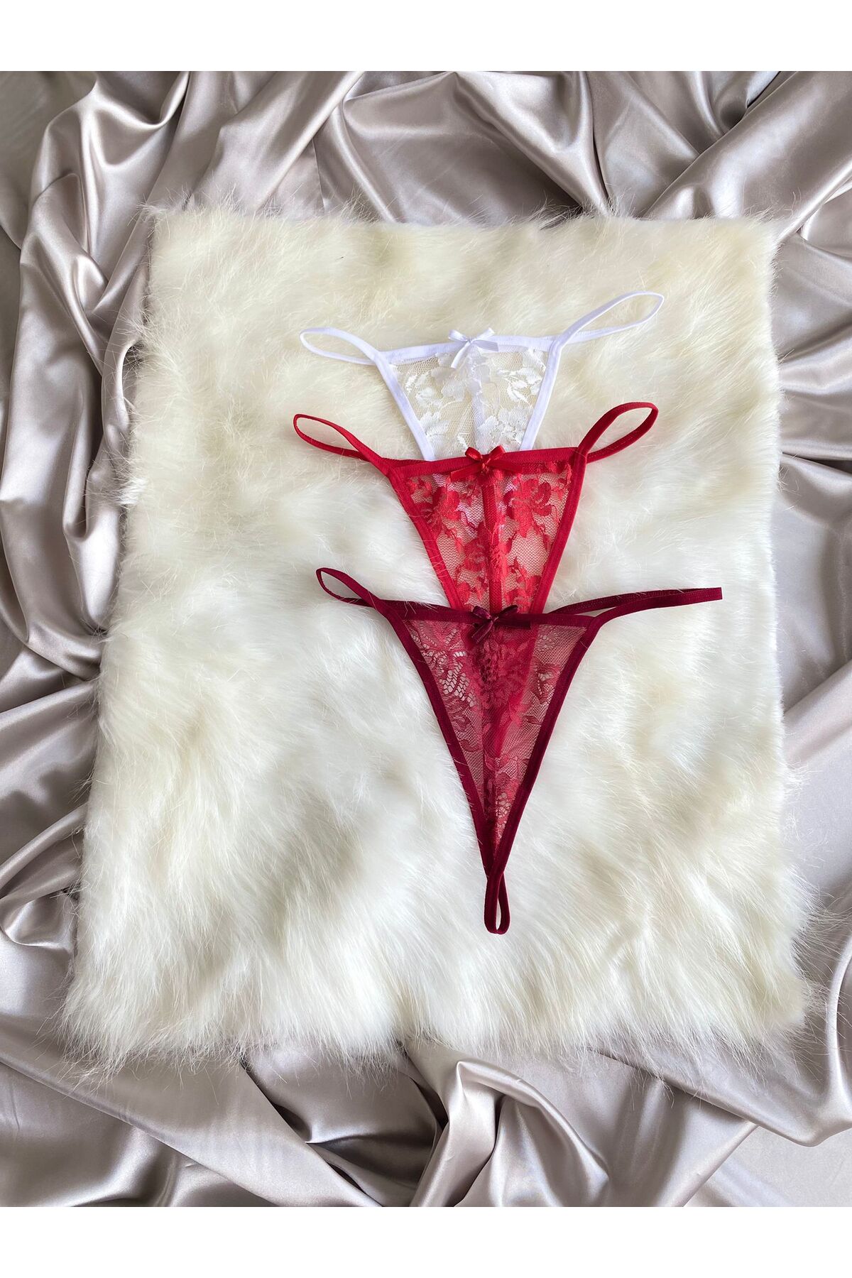 Women's Lace Transparent String Thong Underwear 3-Piece Set - White & Red & Burgundy