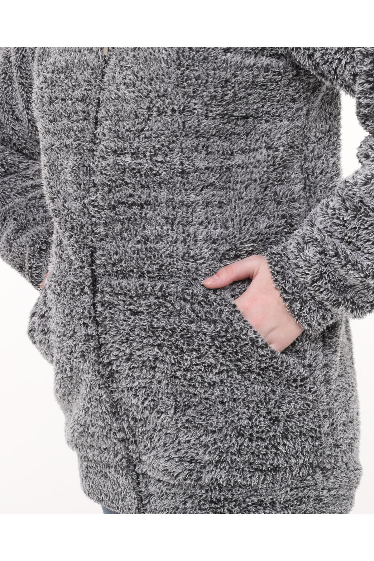 Genel Markalar  Kapüşonlu Polar Welsoft Peluş Hırka - Cepli Kapüşonlu Fermuarlı Kışlık Peluş Hırka Ceket - Görsel 2