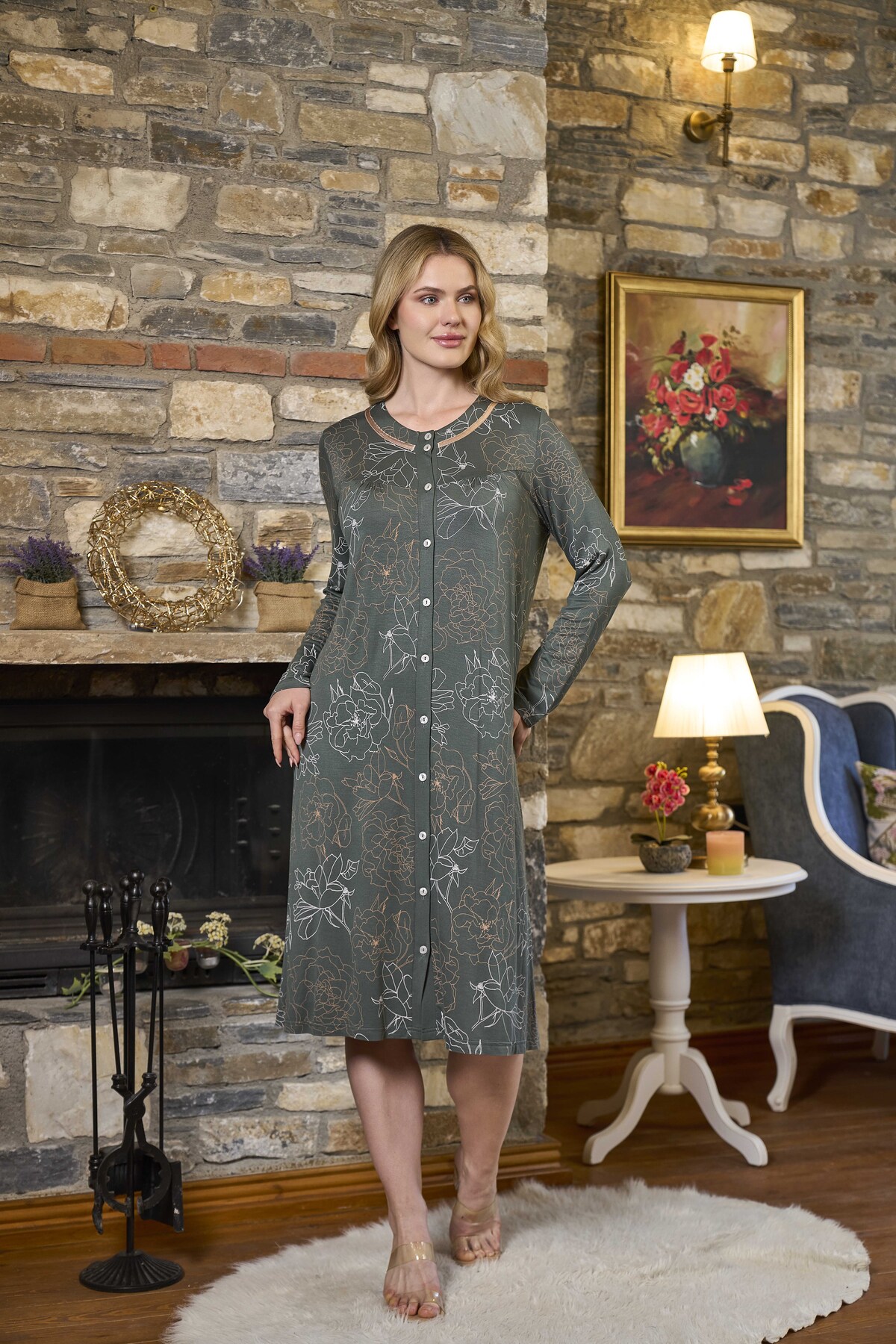 Cossy By Aqua Uzun Kol Desenli Önden Tamamen Düğmeli Ev Elbisesi CossybyAqua 26391