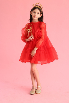 Le Mabelle Kırmızı Puantiyeli Gül Aksesuarlı Kız Çocuk Elbise - Belinda