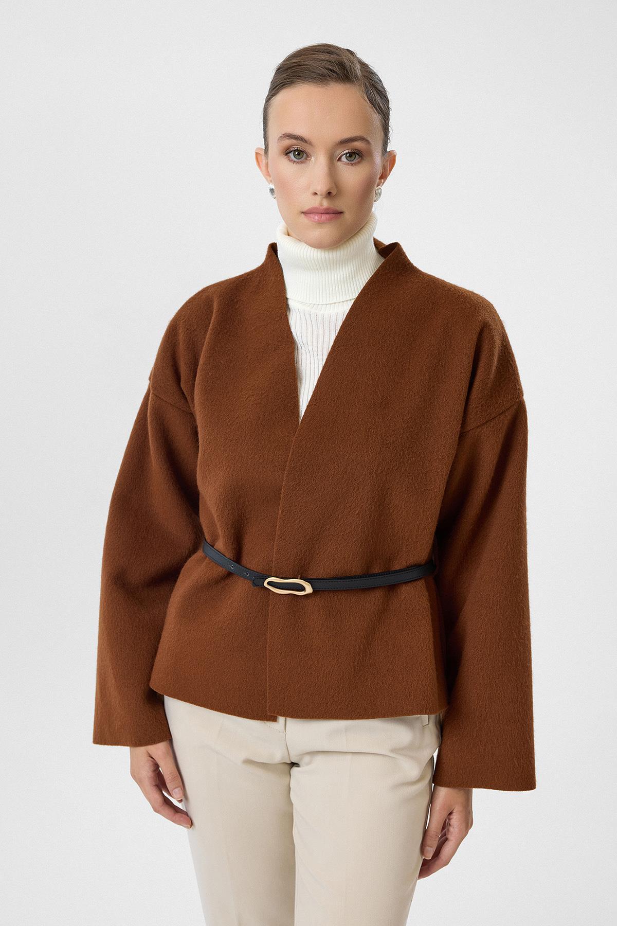 Tiffany Tomato Deri Kemerli Kaşe Kimono - Fiyatı, Yorumları