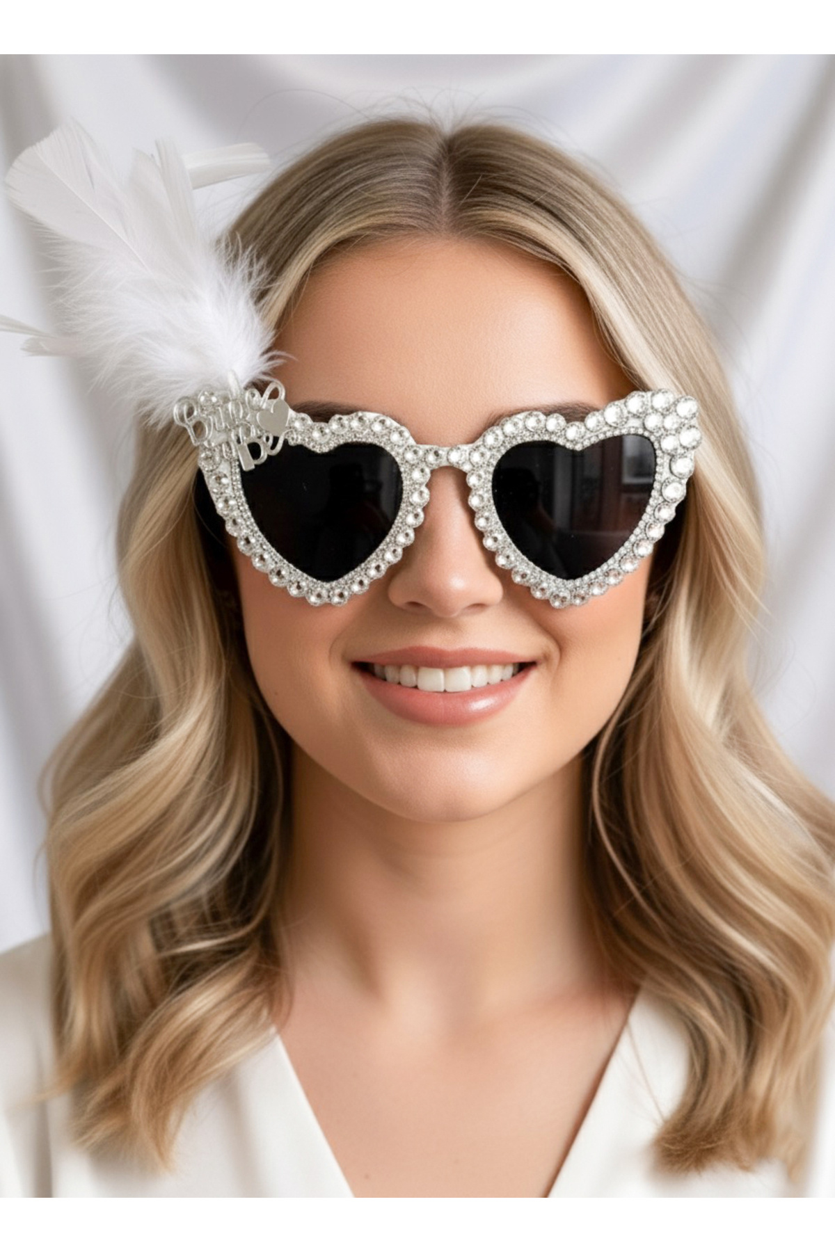 Happyline Beyaz Janjanlı Tüylü Kalpli Gelin Gözlük, bride After Parti Düğün Kına Eğlence Gözlüğü