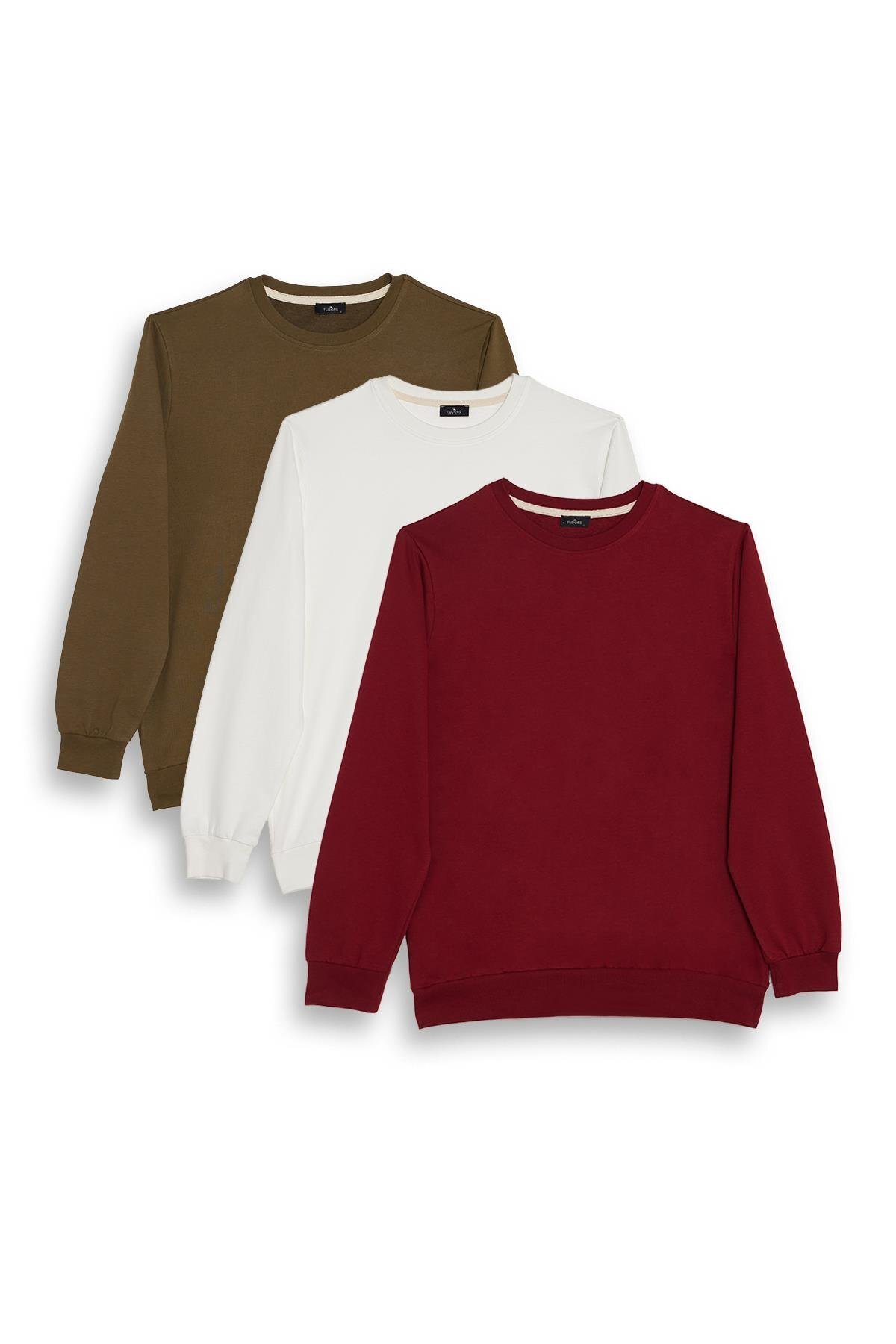 Tudors Erkek 3'lü Haki-Beyaz-Bordo Relax Fit Rahat Kesim %100 Pamuk 2 İplik Bisiklet Yaka Sweatshirt
