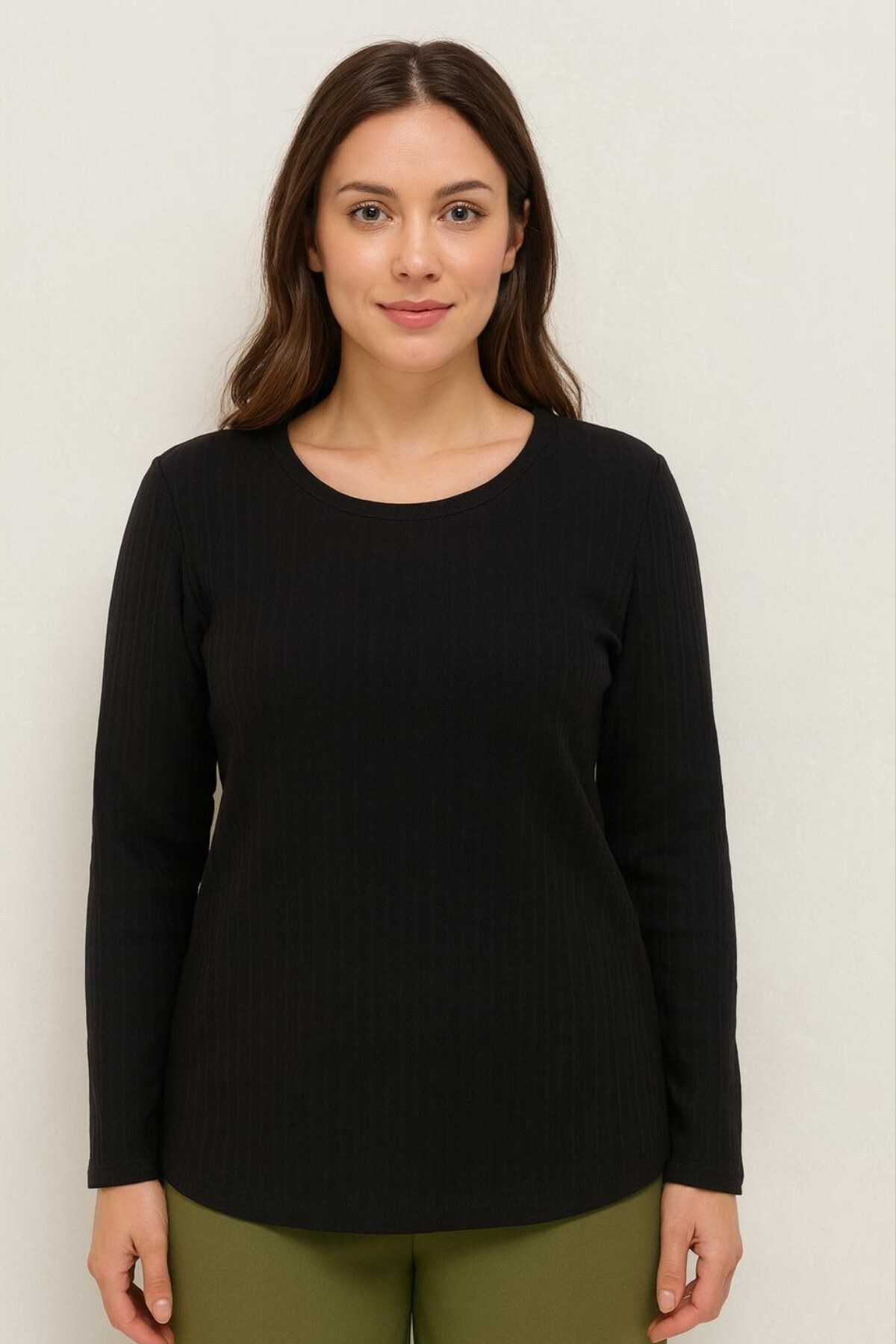 Seamoda Büyük Beden Yuvarlak Yaka Uzun Kol Ribana Bluz