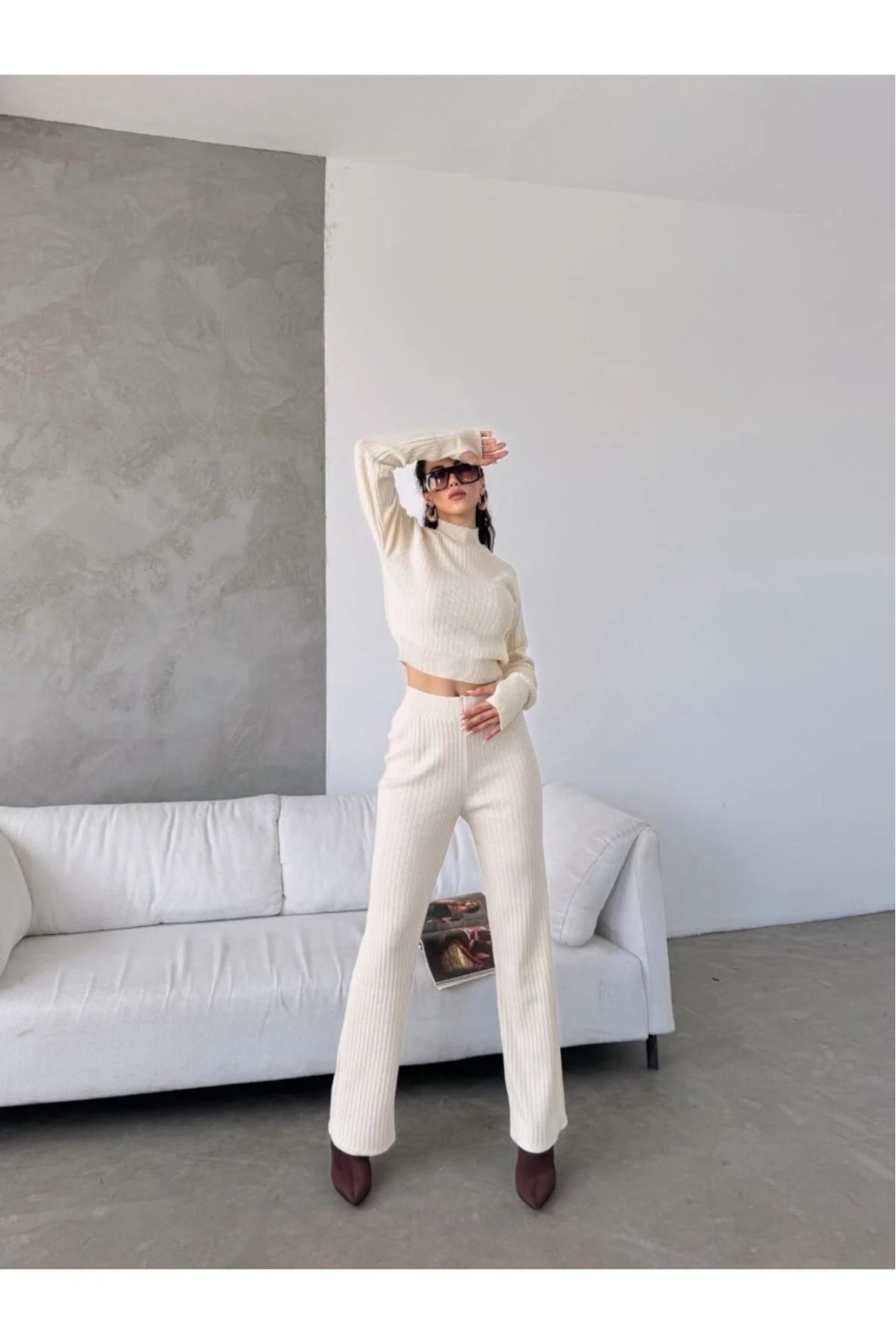 Ensemble tricoté à enfiler pour femme écru - Görsel 3