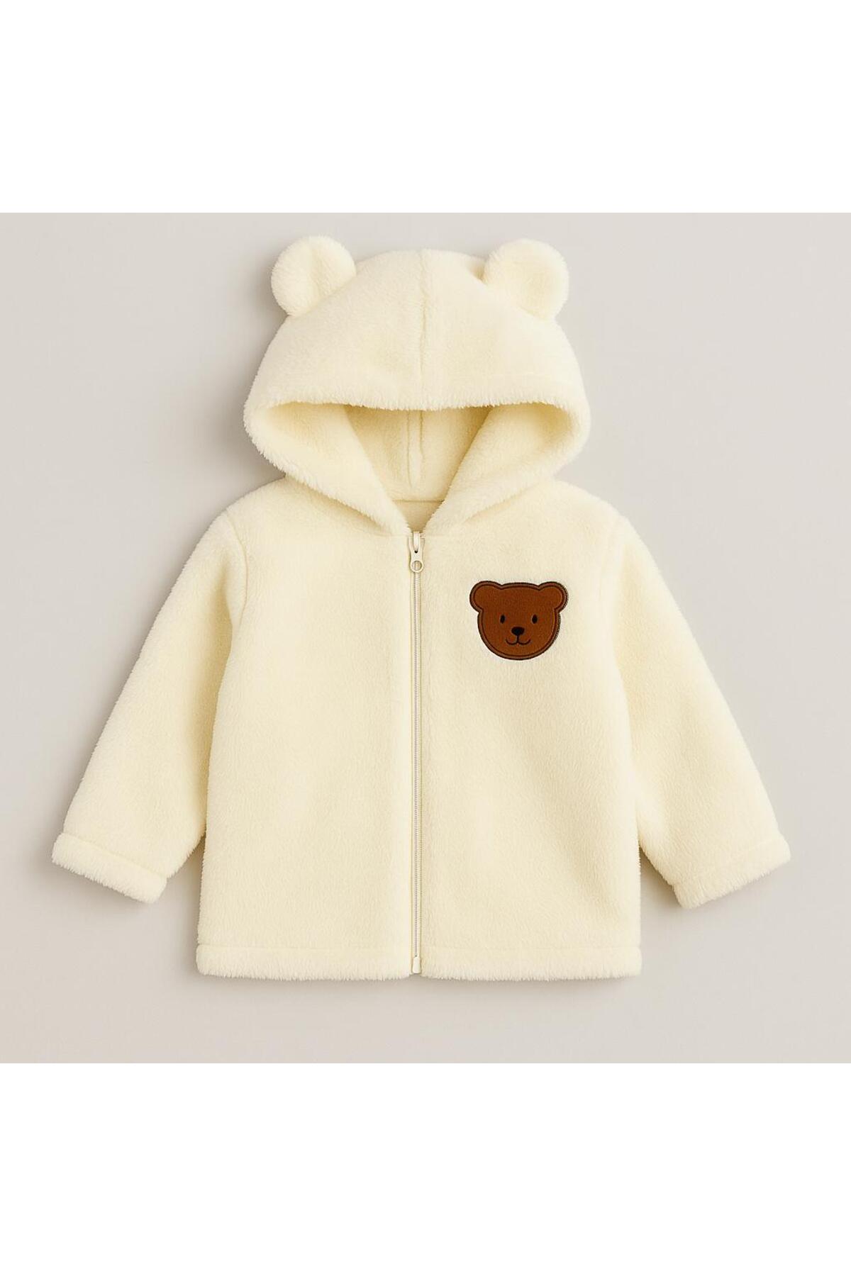 nevrankids Unisex Hırka Bebek Welsoft Ayı Kulaklı Nakışlı Fermuarlı Kışlık - Ekru fotoğrafı 3 (önizleme)