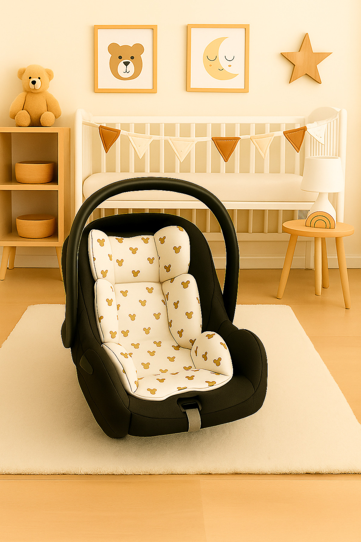 BeygeBaby Çift Katlı Kahve Pike ve Mickey Desenli Çift Yönlü Puset Örtüsü,Minderi ve Çarşafı (3LÜ SET) fotoğrafı 3 (önizleme)