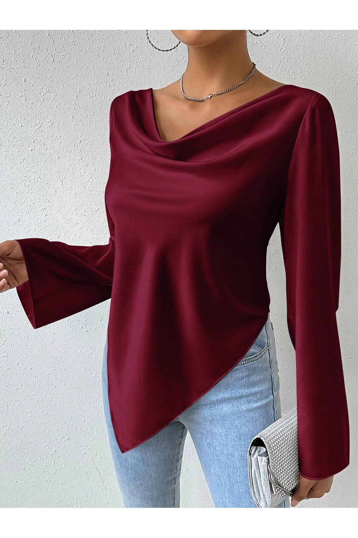 poswicon bordo polyester kumaş drapeli yaka İspanyol kol drapeli yaka üst bluz görsel 5