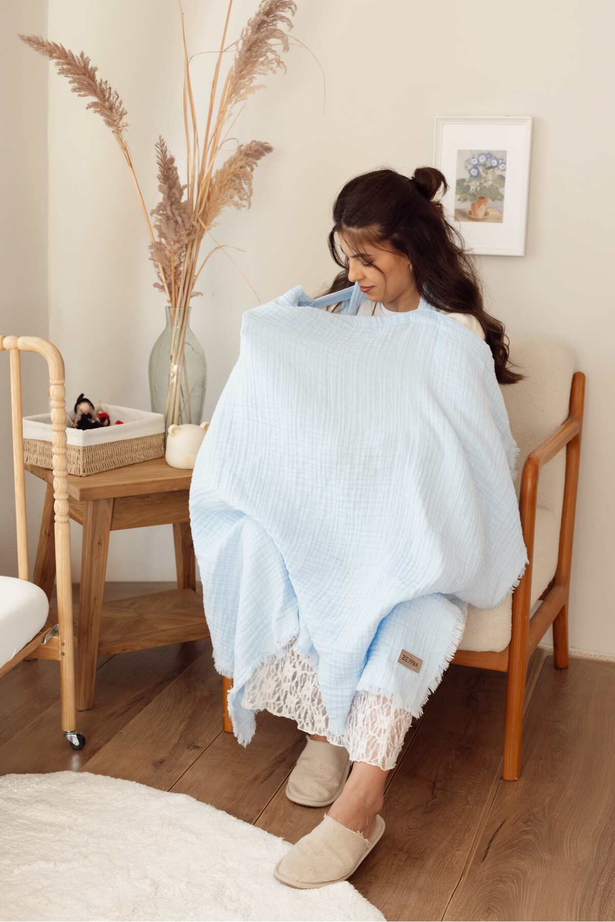 ZEYPBA %100 Pamuk 4 Katlı Müslin Emzirme Örtüsü & Puset Örtüsü Püsküllü 90x110cm Bebe Mavi fotoğrafı 5 (önizleme)