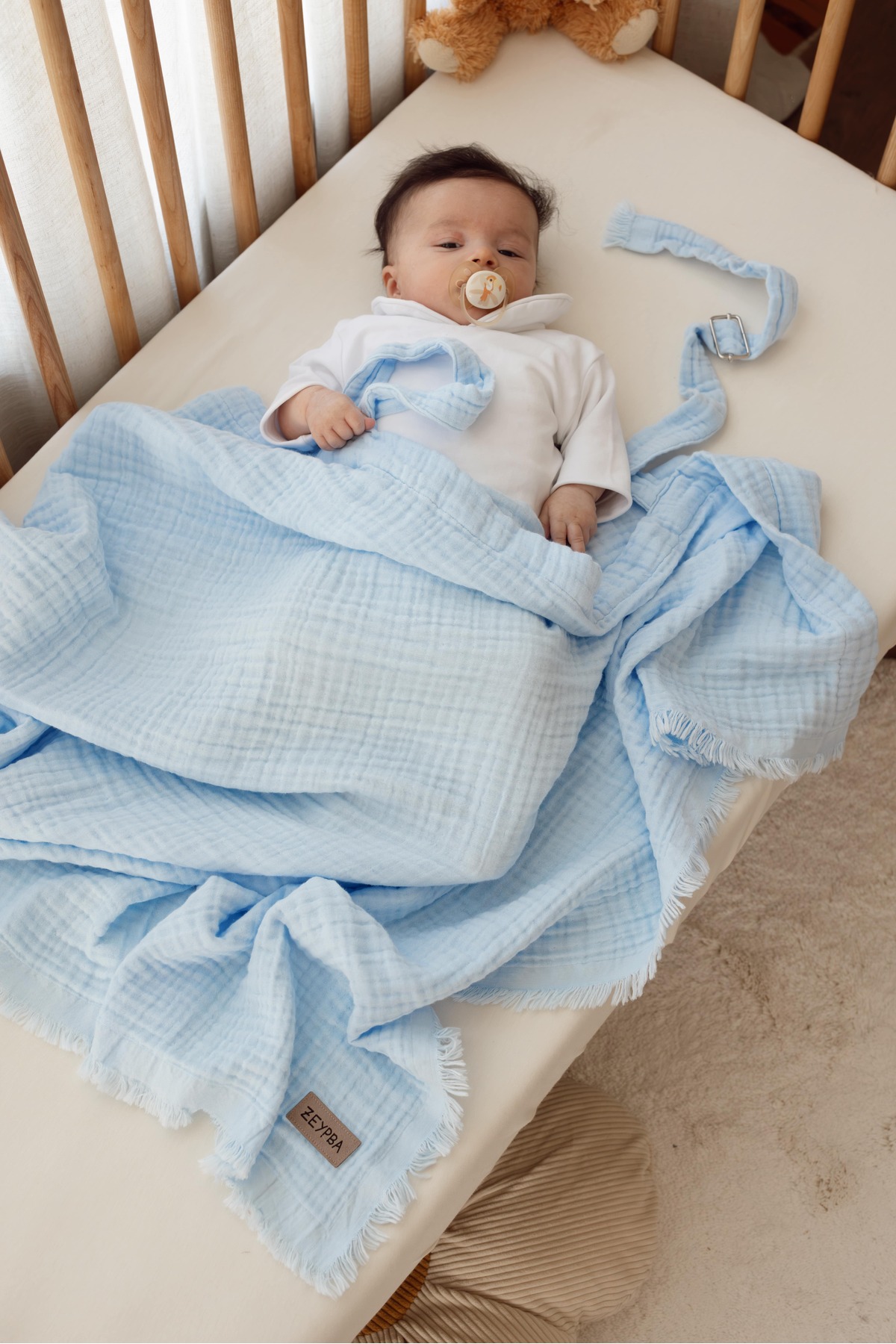 ZEYPBA %100 Pamuk 4 Katlı Müslin Emzirme Örtüsü & Puset Örtüsü Püsküllü 90x110cm Bebe Mavi fotoğrafı 2 (önizleme)