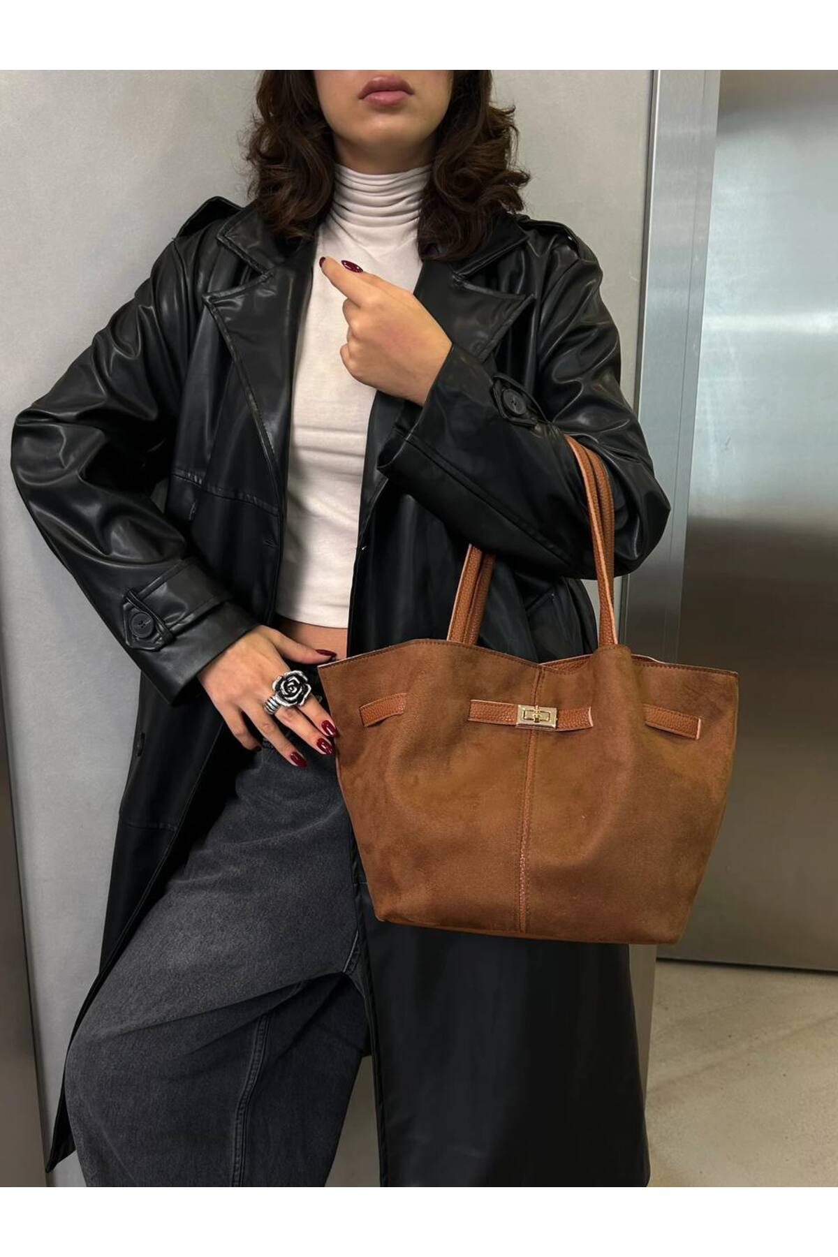 Taba Arya Kadın Süet Önü Kilitli El Omuz ve Çapraz Çanta görünüm 5