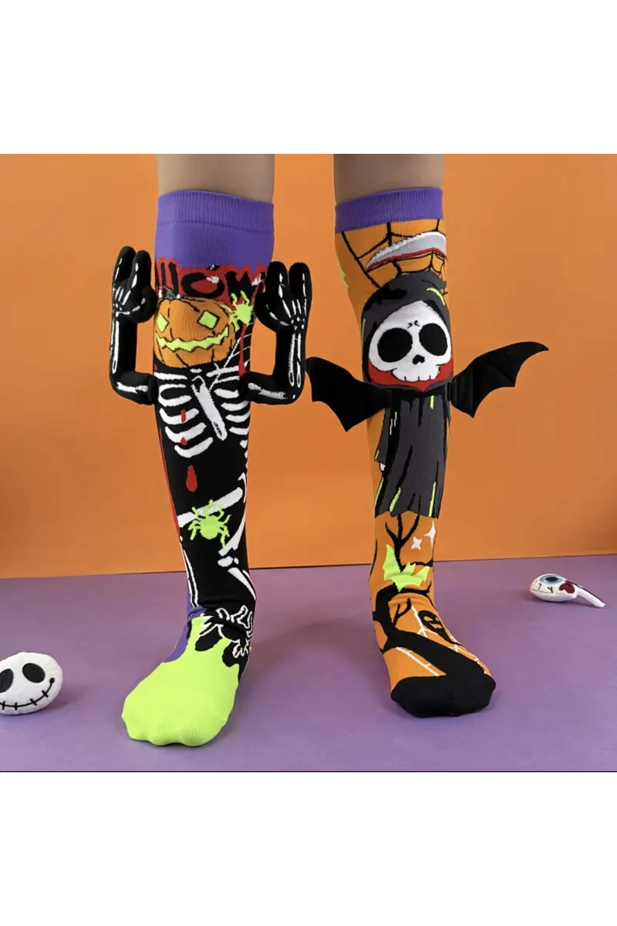 Didosh Party House Halloween Desenli Diz Altı Çorap – Cadılar Bayramı Kuru Kafa Balkabaklı Uzun Çorap – Renkli Fun Çora