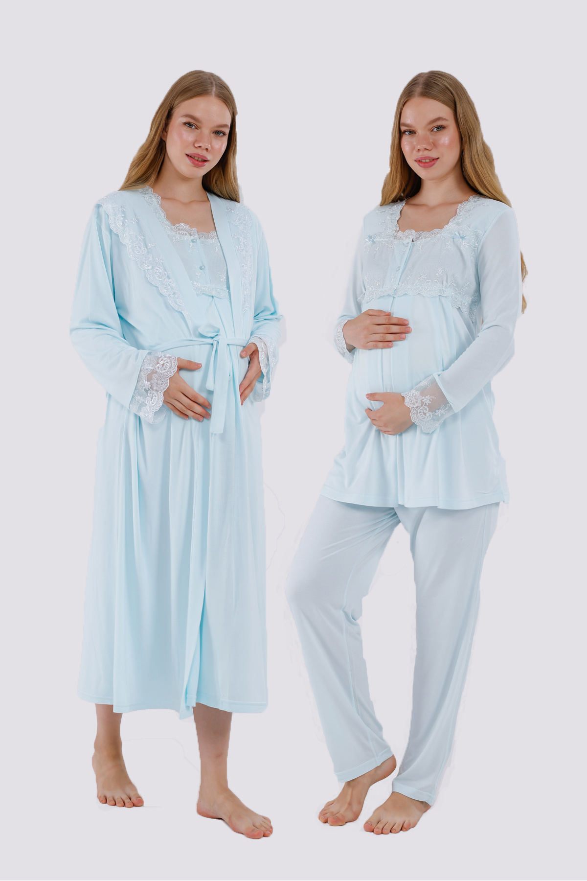 Yulem Homewear Turkuaz Özel Dantel Tasarım Pamuklu Uzun Kol Hamile Lohusa Sabahlık Pijama Takım ve Gecelik 4'lü Set