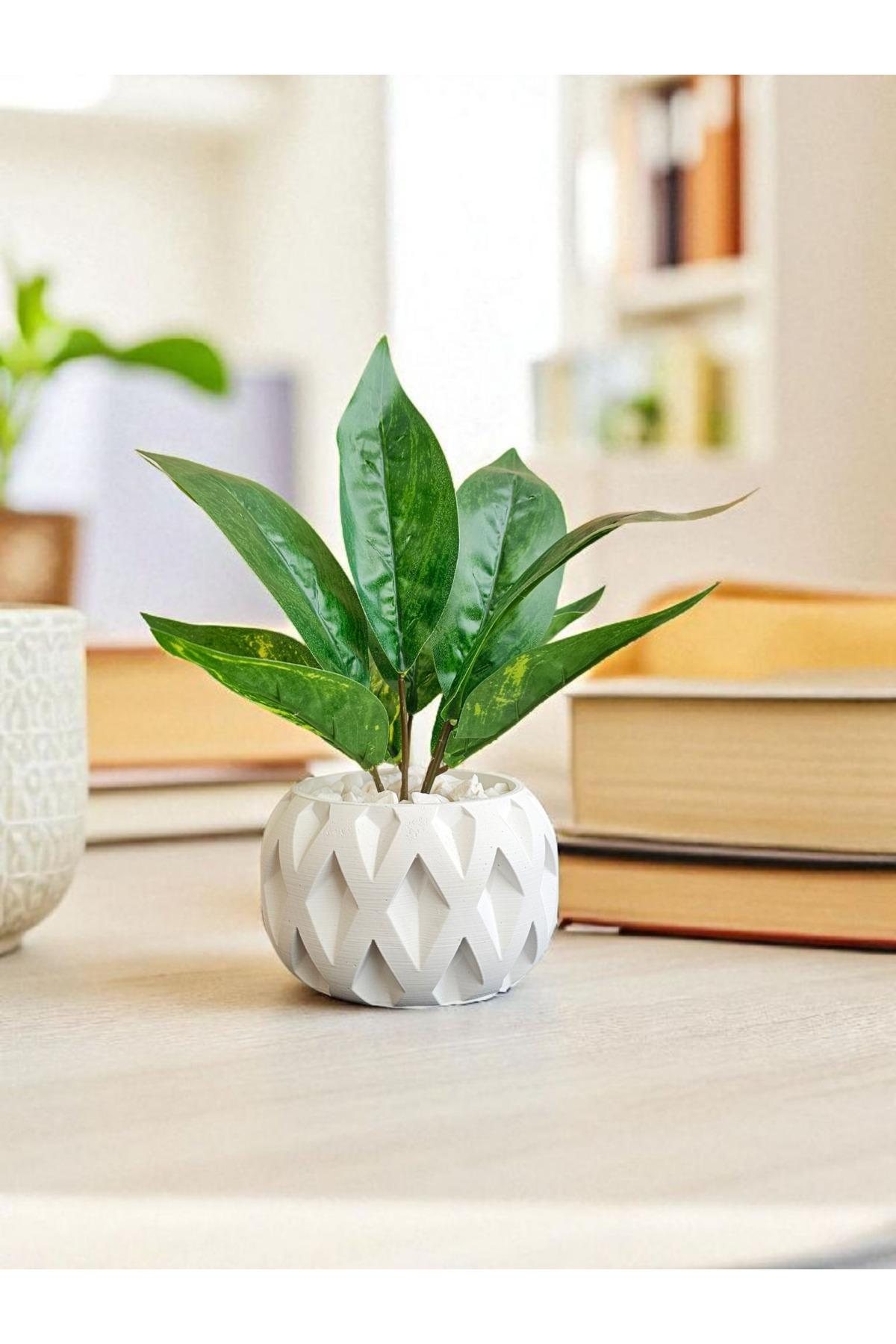 Artificial Sword Flower with Decor Stone in Concrete Flower Pot (24-28CM)