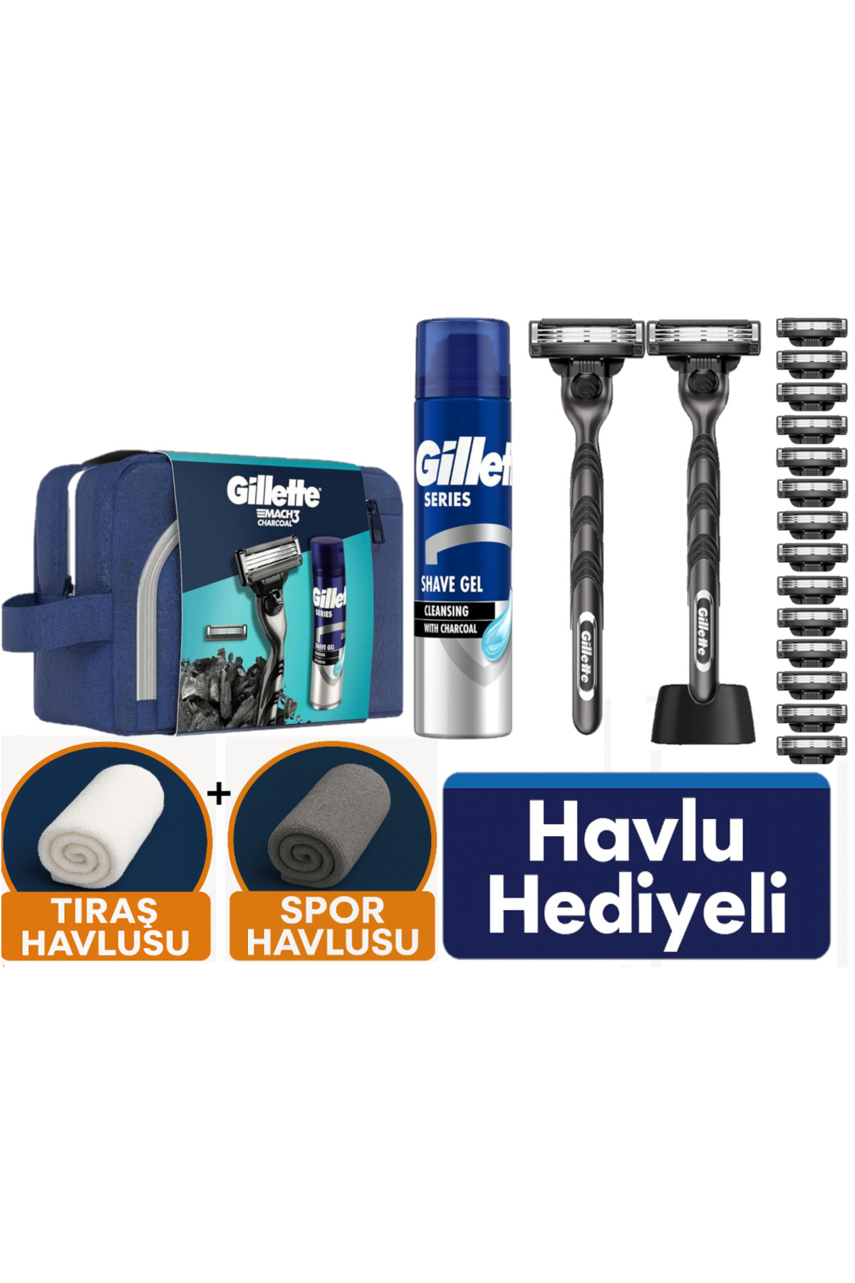 Gillette Mach3 Charcoal 2 Makine+ 16 Tıraş Bıçağı + Stand +200 ML