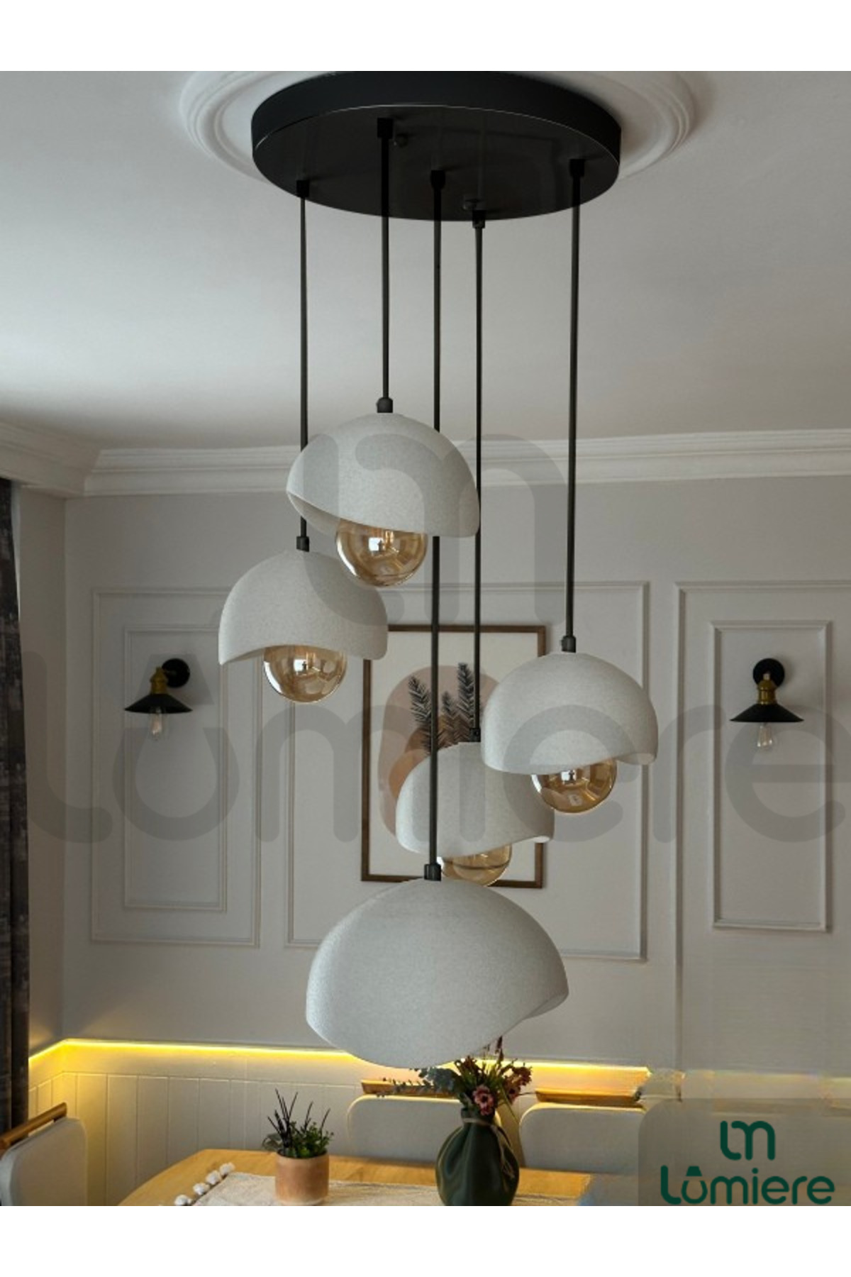 5-Piece Concrete Look Pendant with Remote Control – Scandinavian & Bohemian Style, Daylight Bulb Included