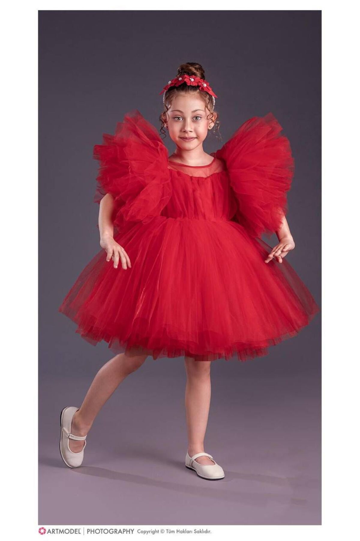 KOKOŞ BEBEK Kol Kabartmalı Kız Çocuk Abiye Elbise ve Taç - 3/10 Yaş - 31537