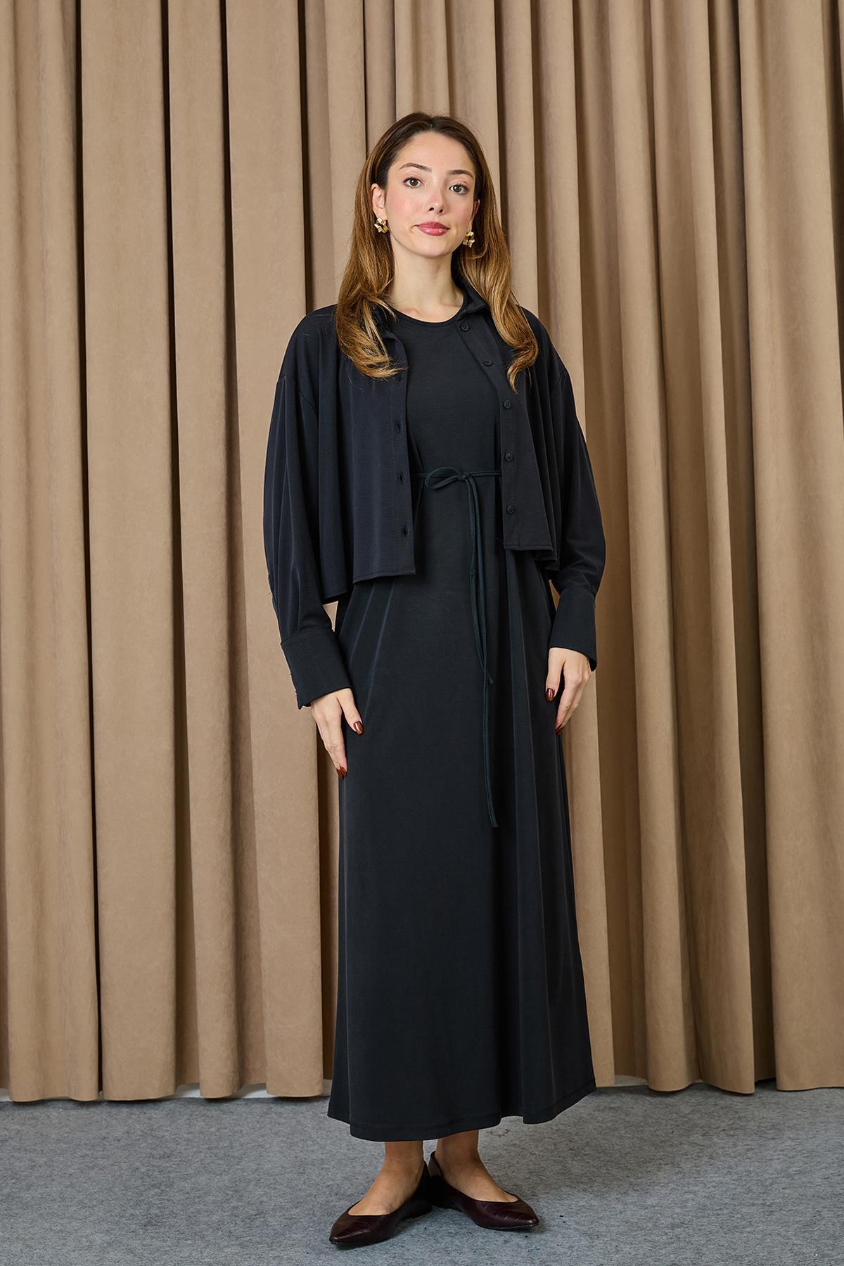 Kadın Gömlek Detaylı Elbise - 12658ELB - BLACK