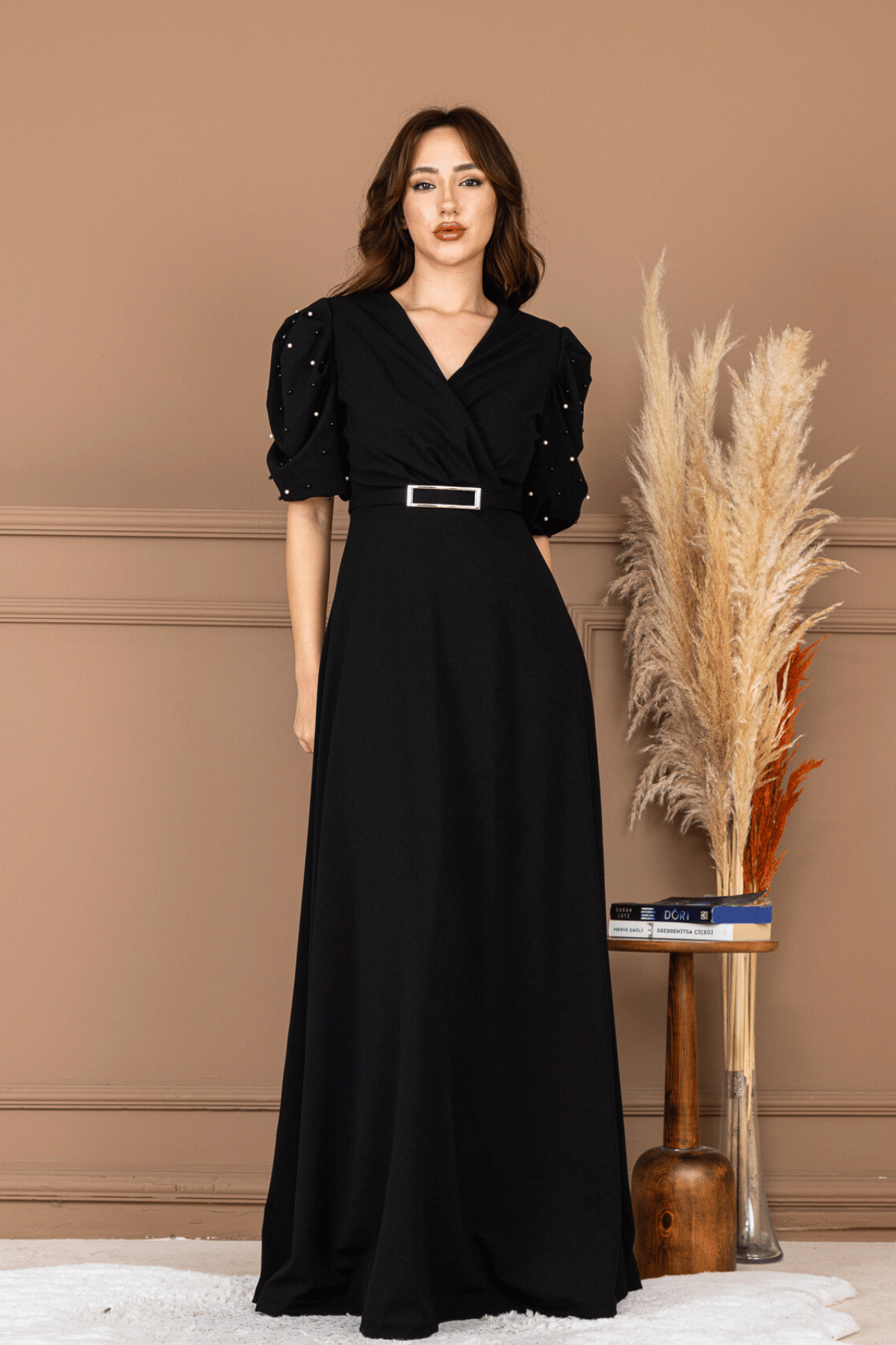 BEYBOS Imported K Crepe Balloon Sleeve Pearl Detailed Maxi Dress