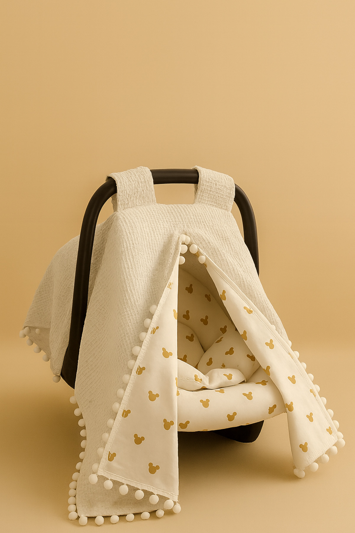 BeygeBaby Çift Katlı Ekru Pike ve Mickey Desenli Çift Yönlü Puset Örtüsü,Minderi ve Çarşafı (3LÜ SET) fotoğrafı 2 (önizleme)