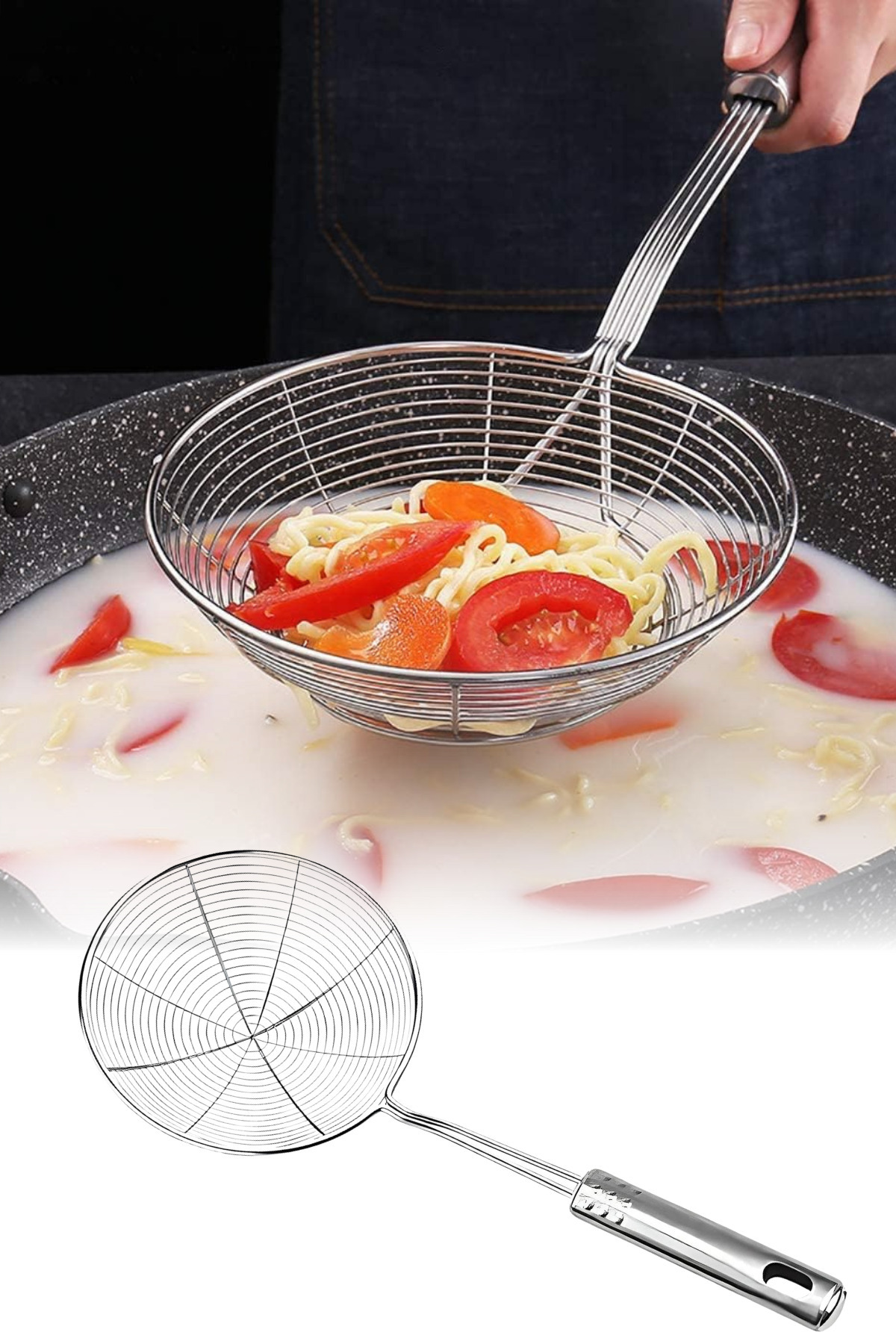 omilife Metal Yağ Kevgiri 12 cm Paslanmaz Çelik Yağ Süzgeci Kızartma ve Haşlama Sonrası Pratik Uzun Saplı Er