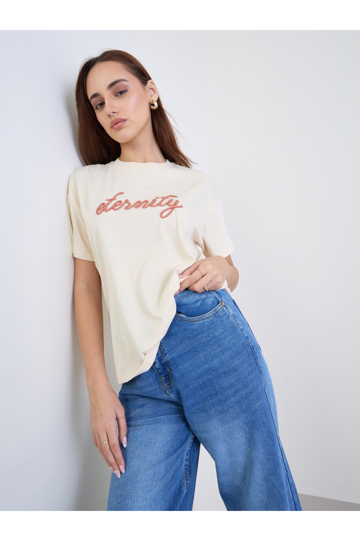 Styli Women Beige Infinity Rope Embroidered Short Sleeve T-Shirt