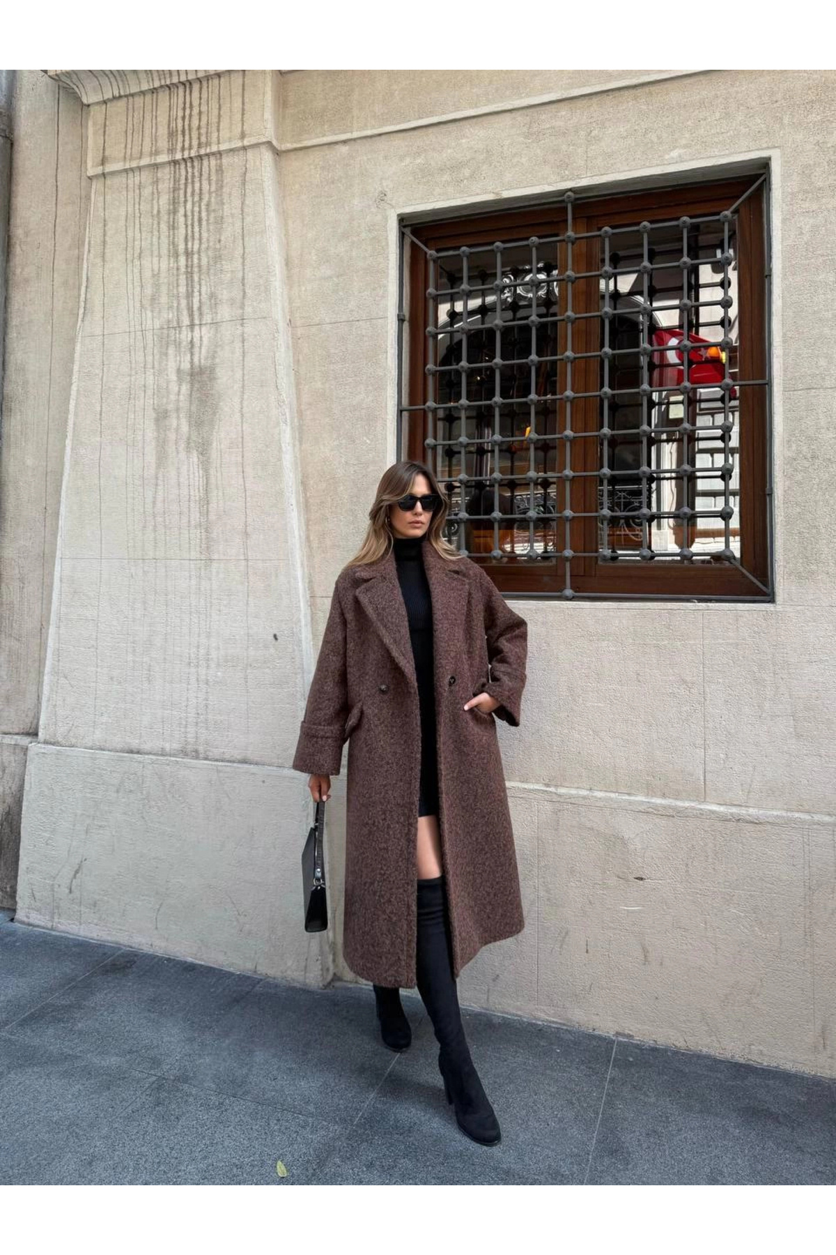 Oversize Boucle Coat-Brown