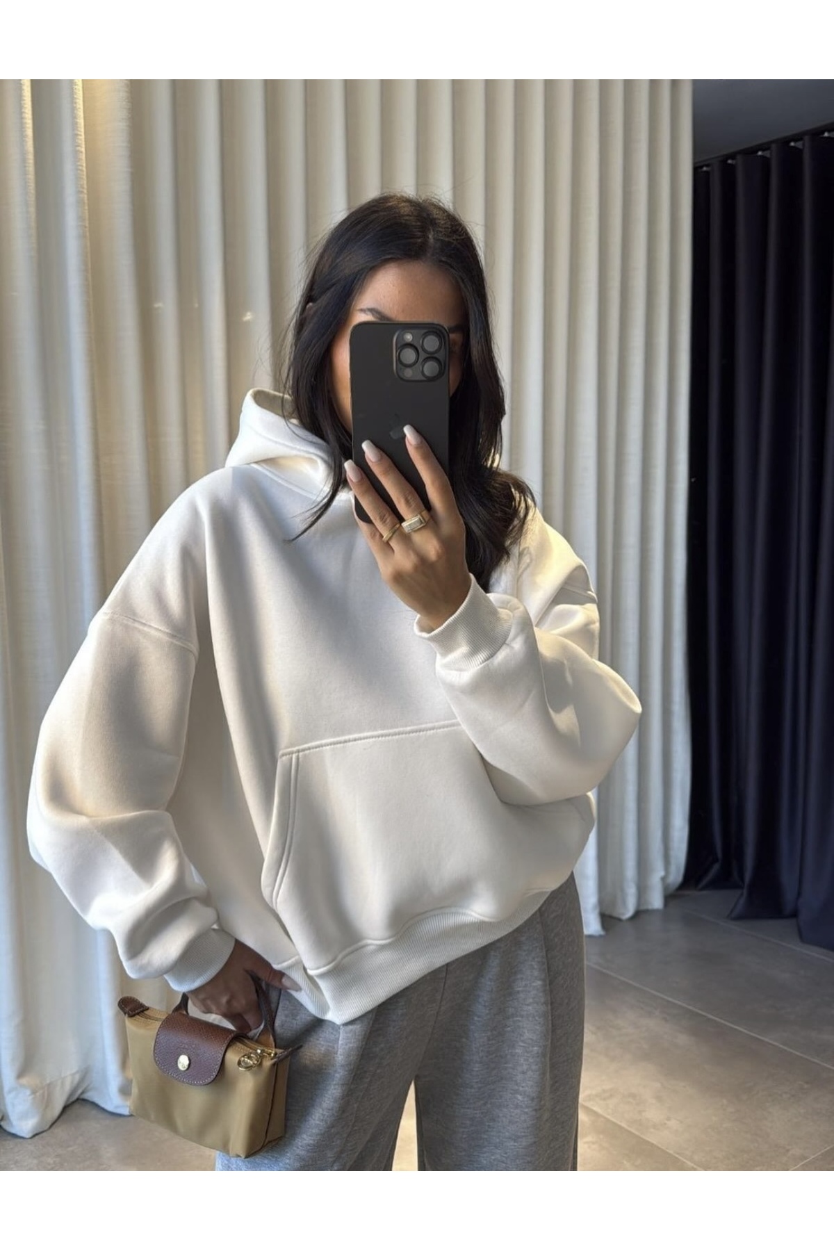 Kadın Oversize İçi Polarlı Sweat – Basic Rahat Kesim Kapüşonlu Sweatshirt (Beyaz) — سفید BYZKP — تصویر 2 از 3