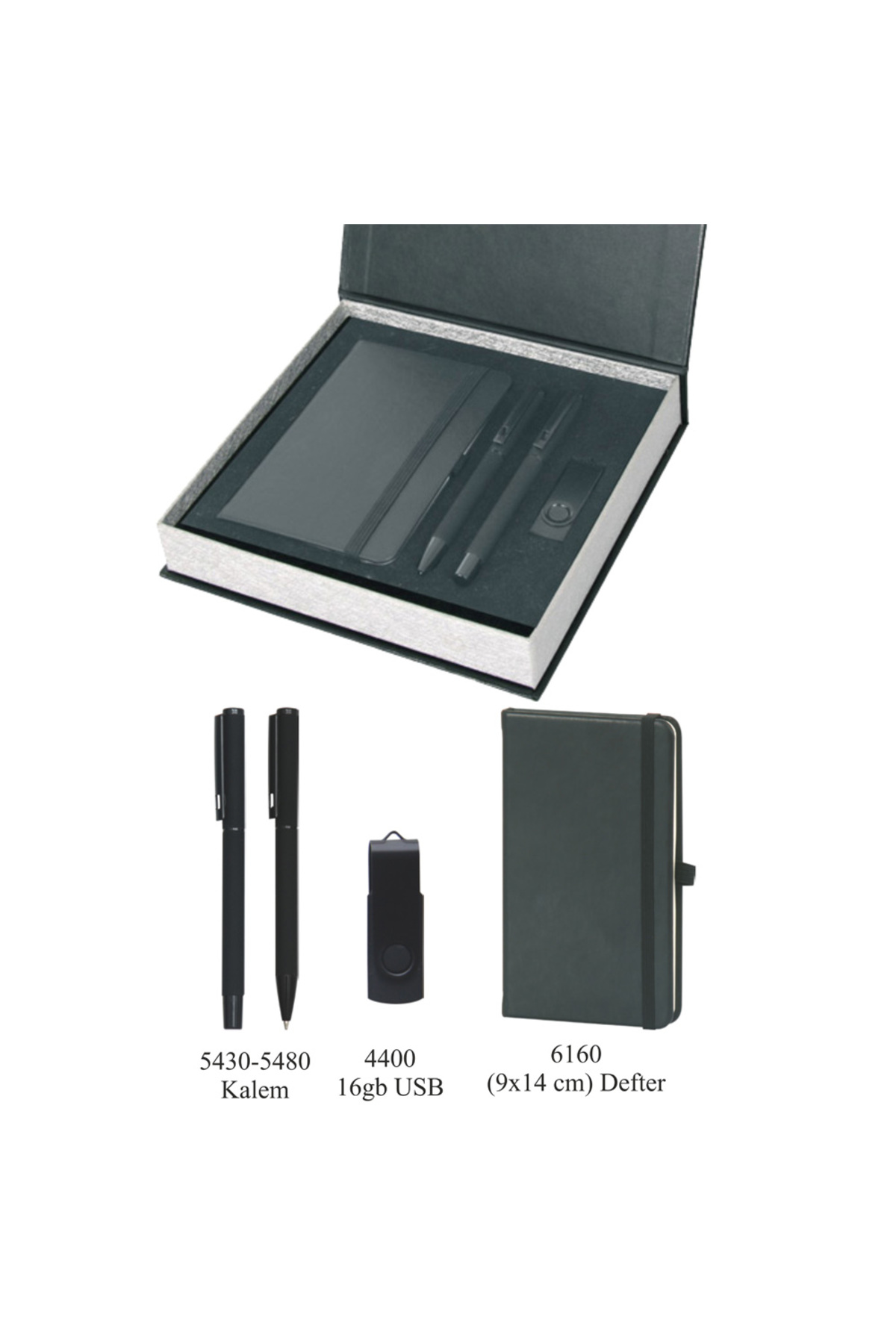 VIP Hediyelik Set - Defter, Kalem ve USB Bellek - (3’lü Kurumsal Seti) - 4210 Siyah