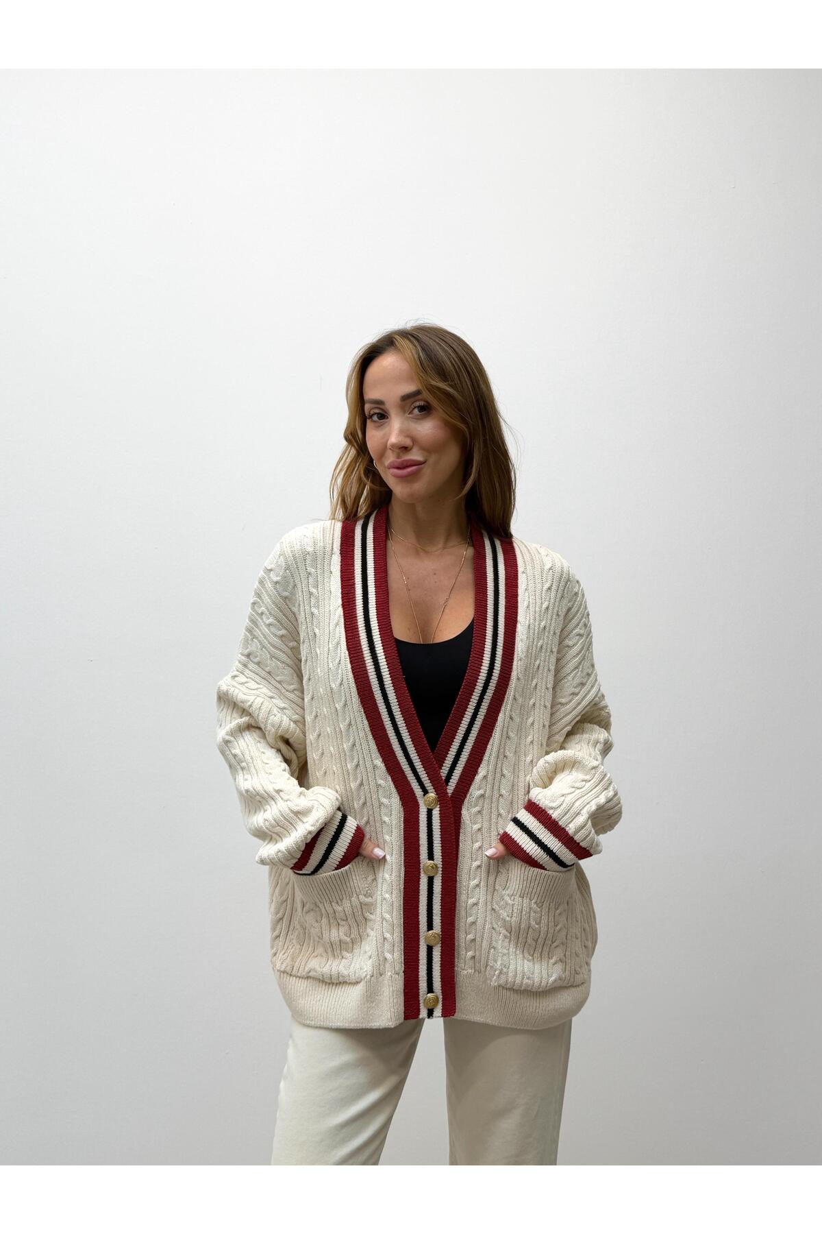 MALDİA SHOP  Kadın Kırmızı Şeritli Oversıze Örme Hırka - Görsel 2