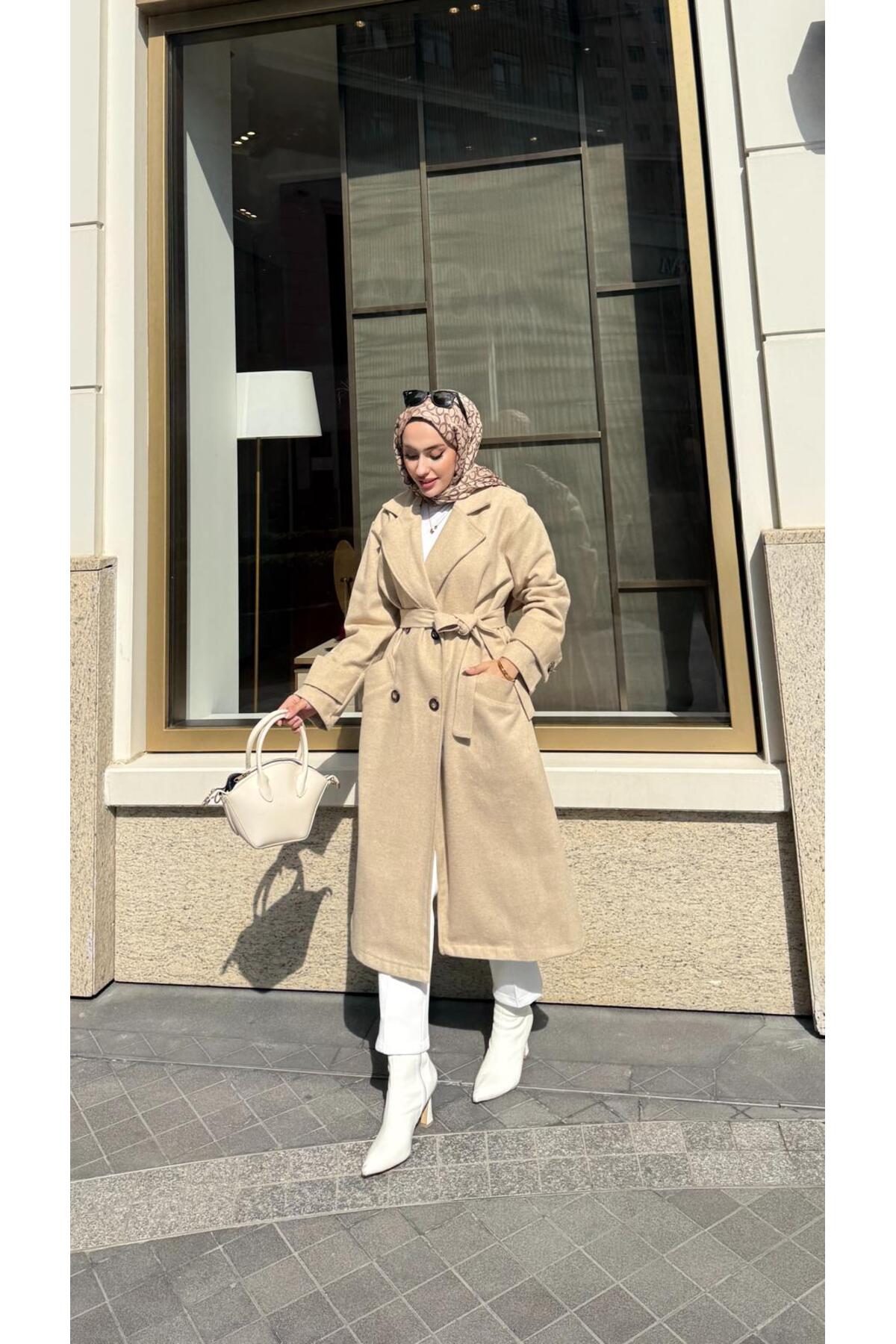 BRN IŞIK TESETTÜR  Kadın Düğmeli Kaşe Kaban - Görsel 3