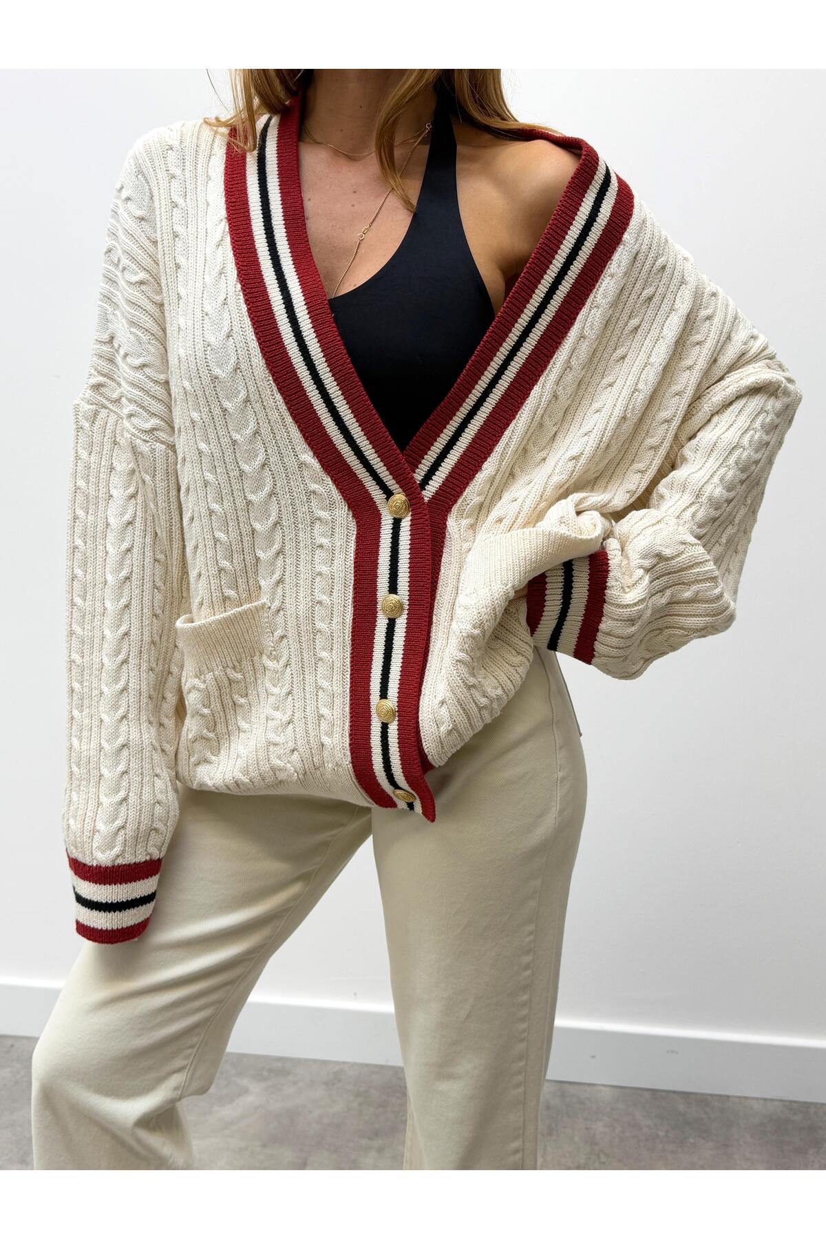 MALDİA SHOP  Kadın Kırmızı Şeritli Oversıze Örme Hırka - Görsel 6