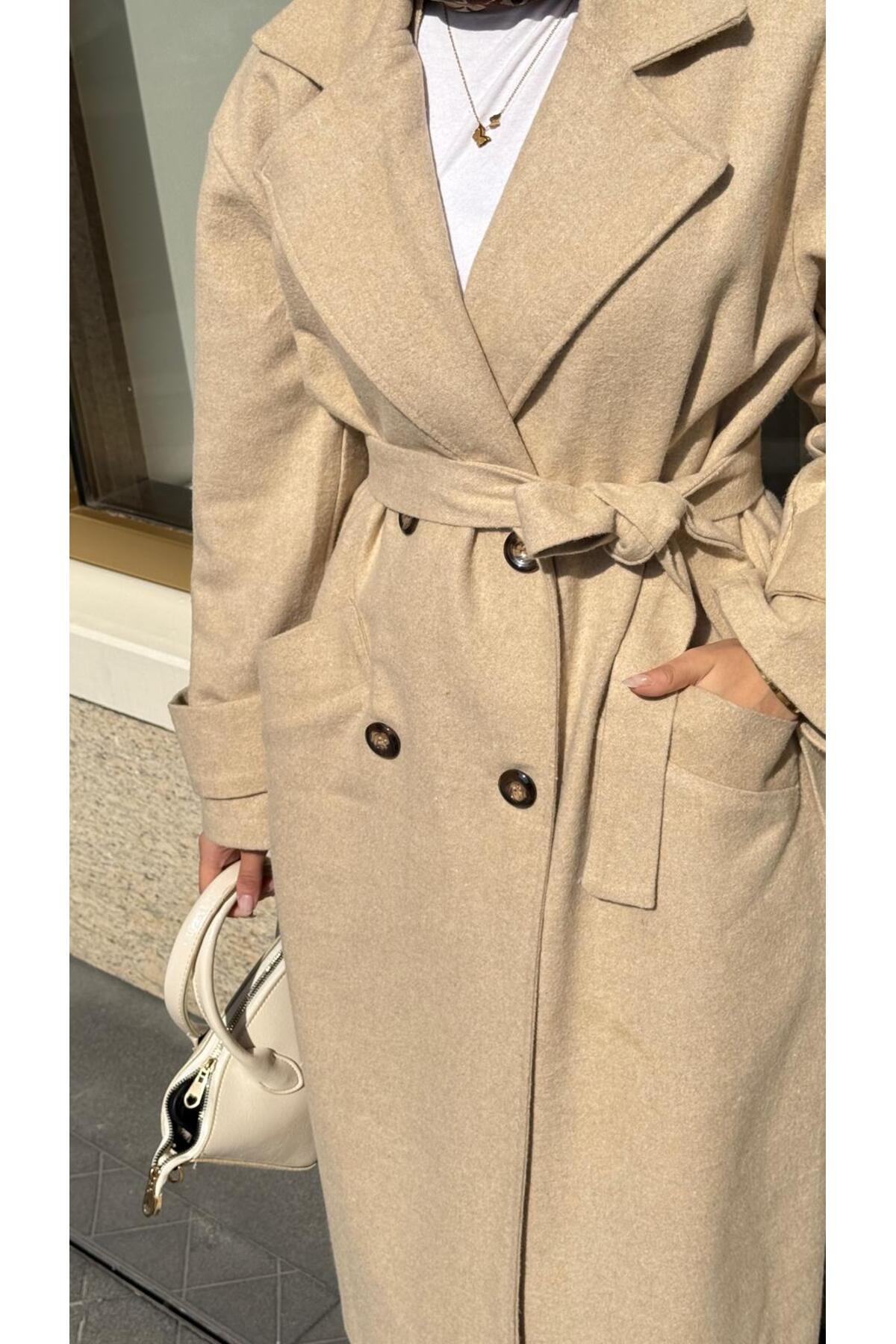 BRN IŞIK TESETTÜR  Kadın Düğmeli Kaşe Kaban - Görsel 8