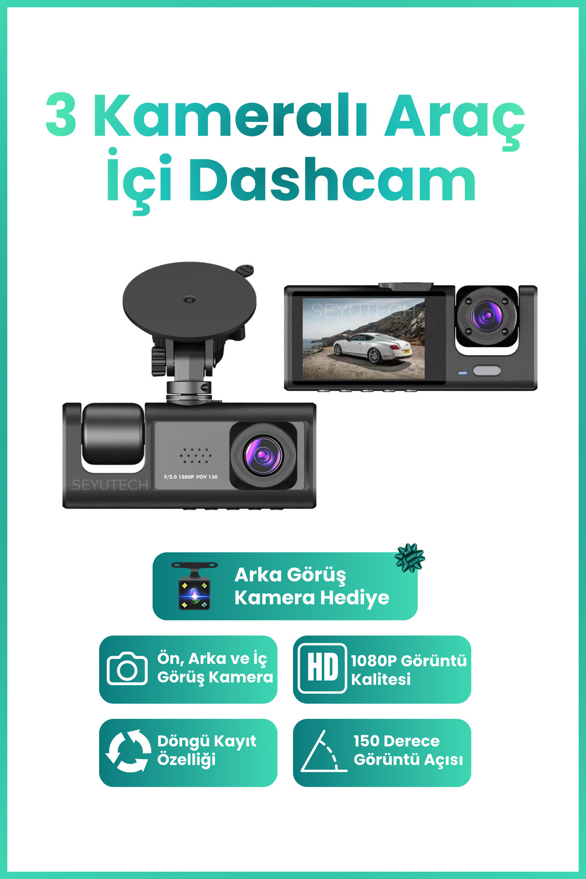 SEYUTECH Araç İçi HD Kamera 3 Kameralı Wifi Özellikli 1080P Full HD Gece Görüşlü G-Sensör Dashcam C309