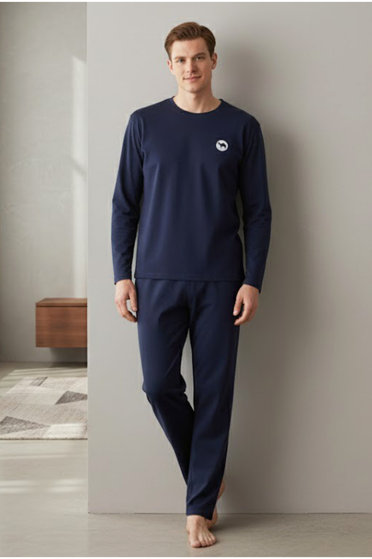 Siyah İnci  lacivert deve baskılı Uzun Kollu Örme Pijama Takım - Görsel 2