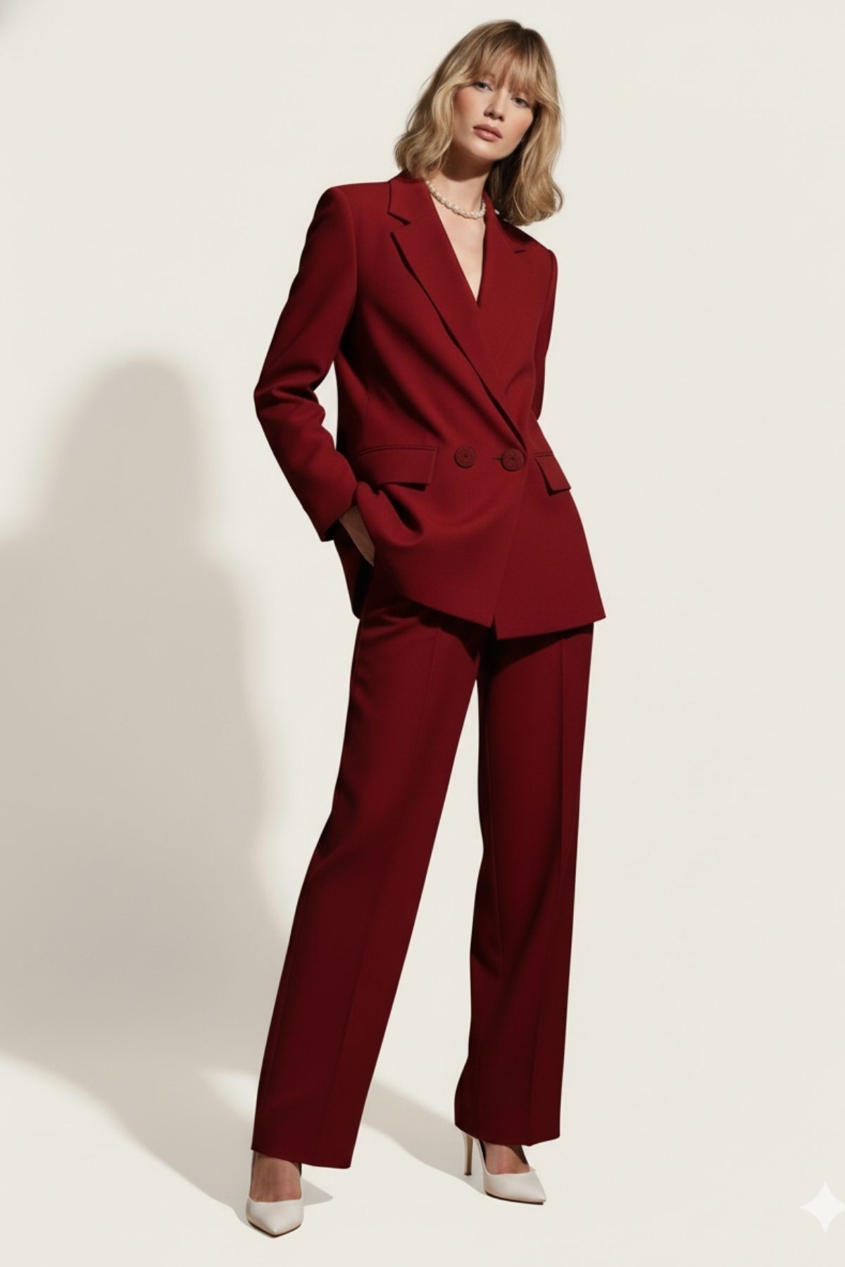 diaves Bordo Çift Düğme Blazer Ceket ve Palazzo Pantolon Atlas Dokuma Kumaş Takım Elbise