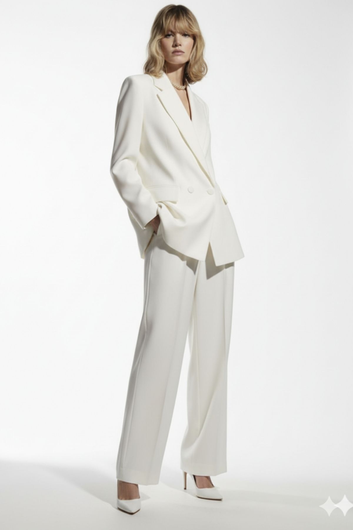 diaves Beyaz Çift Düğme Blazer Ceket ve Palazzo Pantolon Atlas Dokuma Kumaş Takım Elbise
