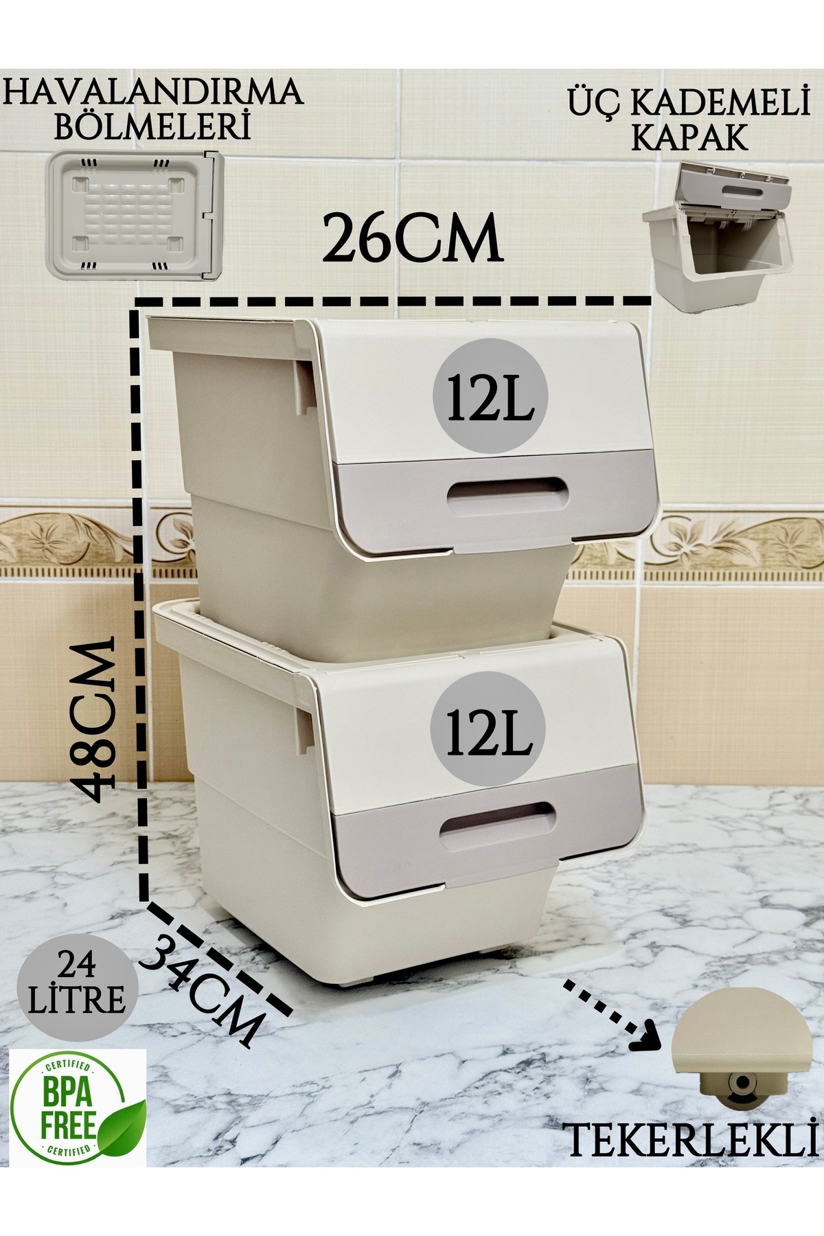 Mulina Home 2'li Kahve Bej Patateslik Soğanlık & Çok Amaçlı Sepet 24lt