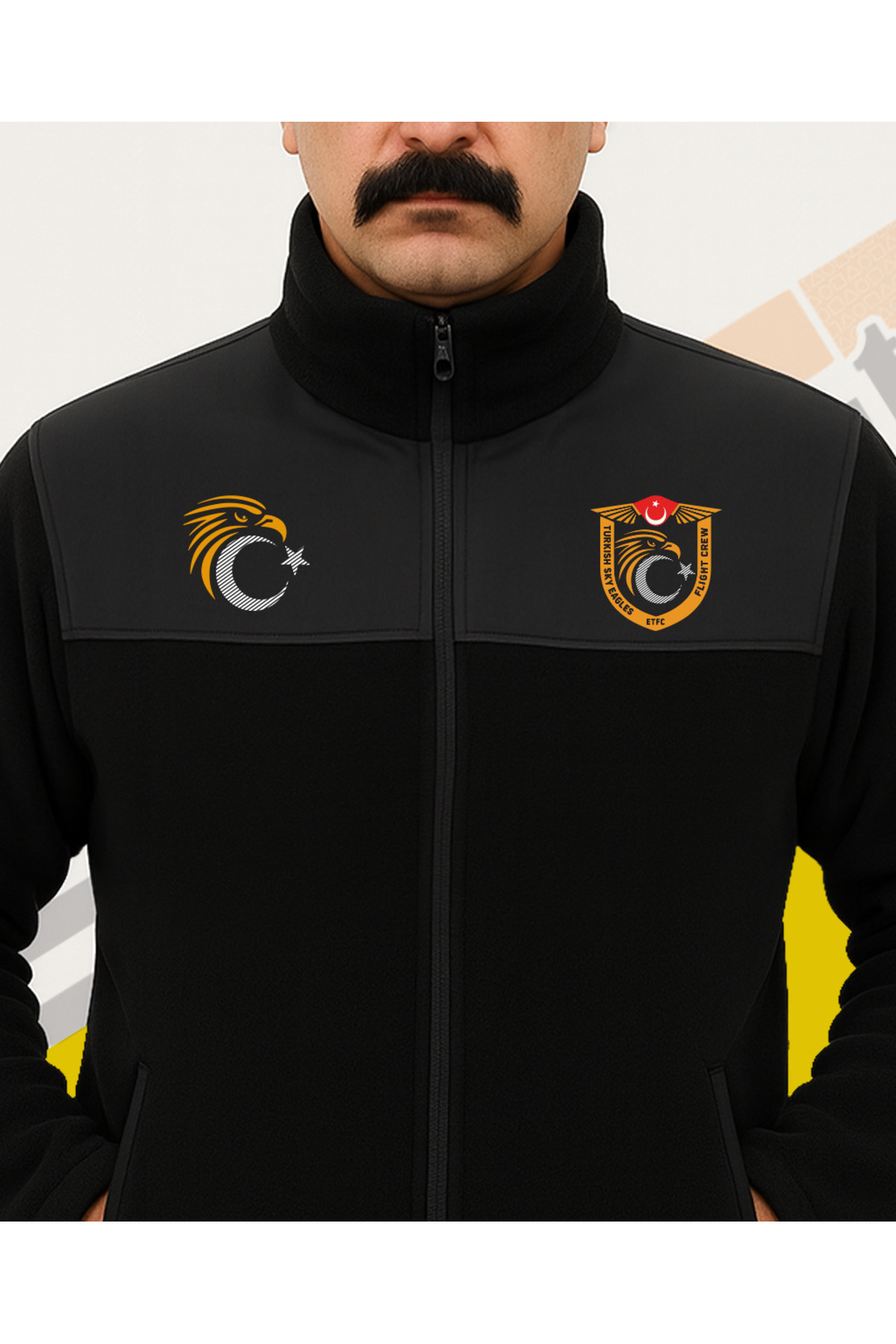 ZENG Gökyüzü Kartalları Tasarımlı Solo Tam Fermuar Softshell Detaylı Polar Sweatshirt görsel 3