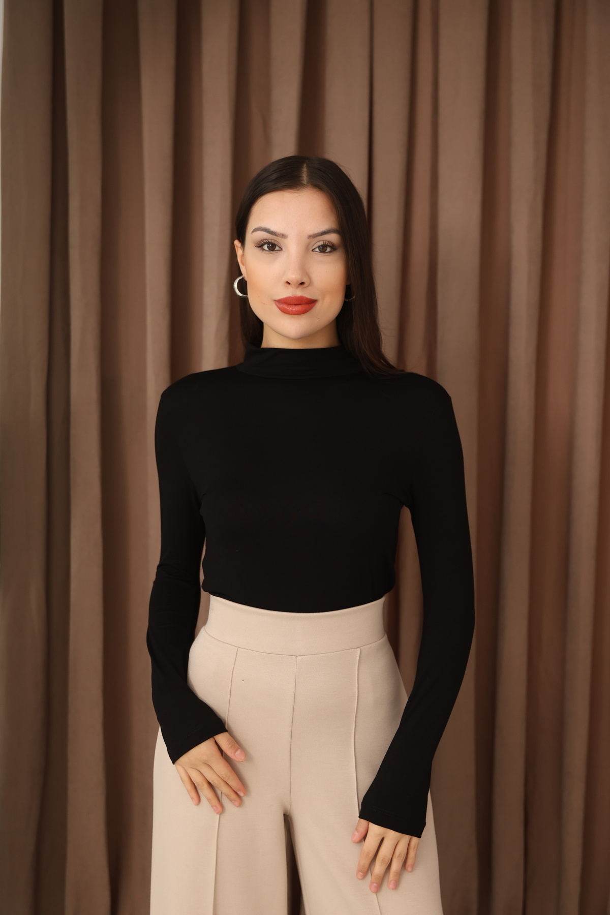 ESL ESLEM Kadın Uzun Kollu Yarım Balıkçı Likralı Penye Body