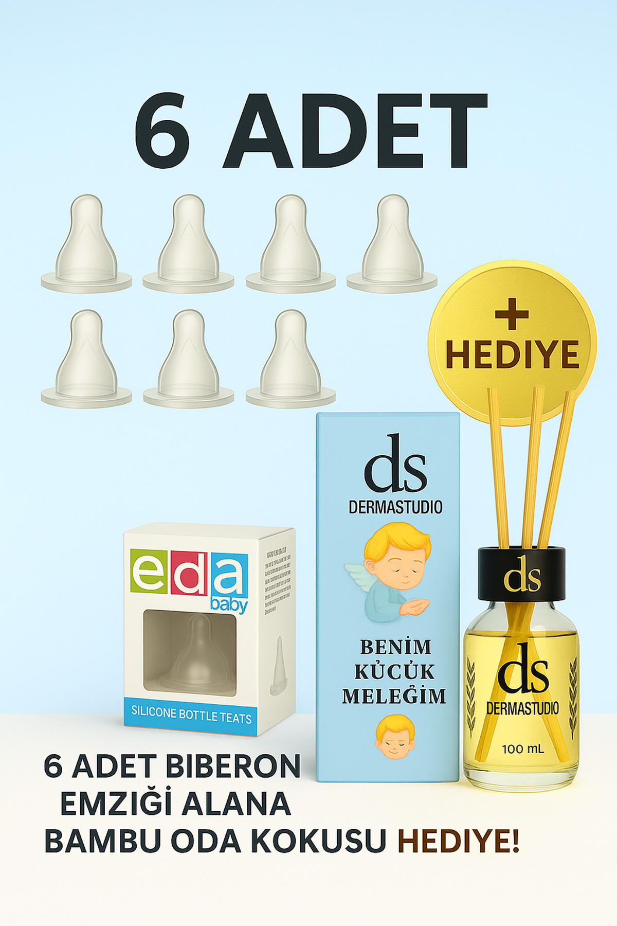 DERMASTUDİO Eda Silikon Biberon Başlığı * 6 Adet + Bambu Oda Kokusu Hediyeli(Mavi) 100Ml