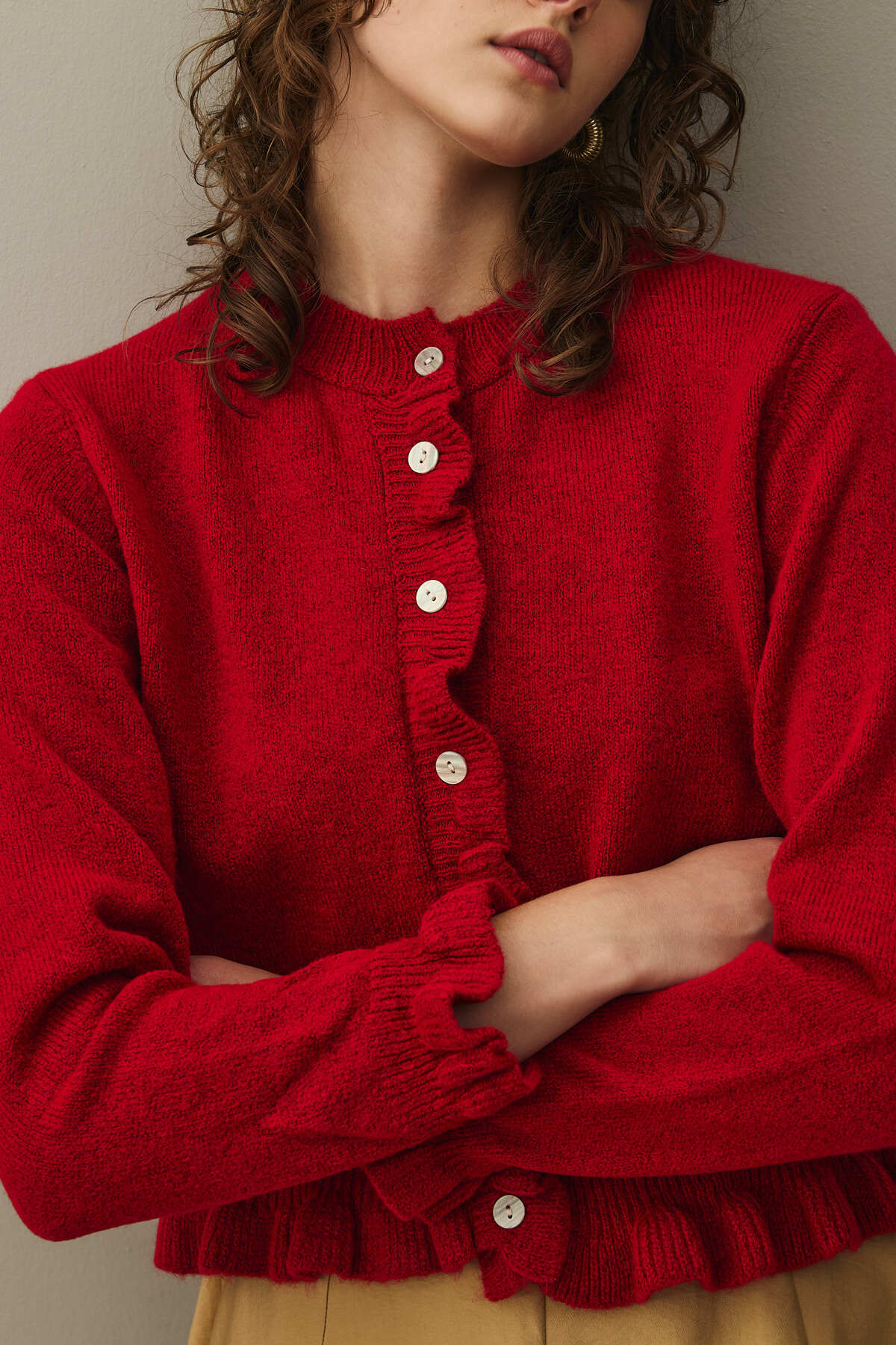 Fahhar  İnce Fırfırlı Tiftik Hırka Kırmızı - Görsel 6