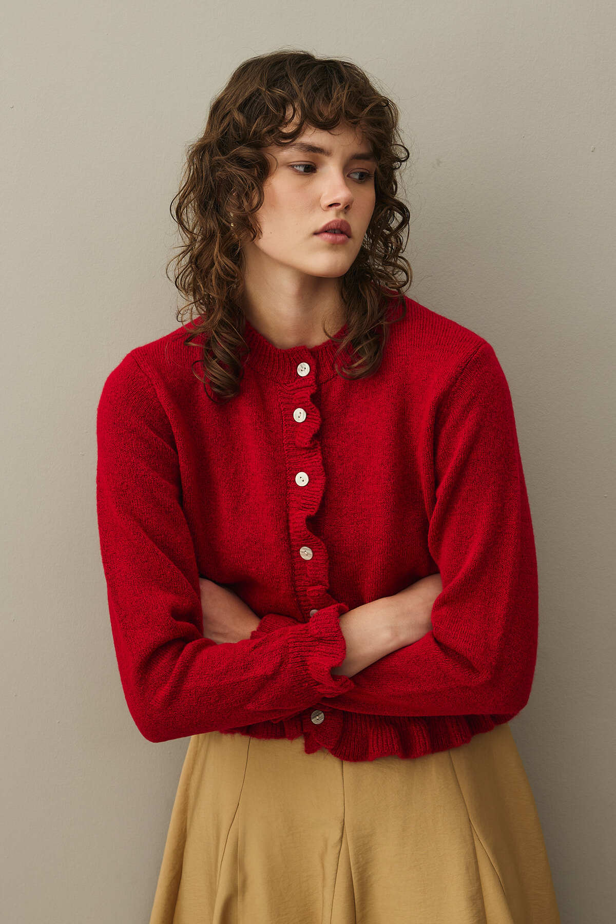 Fahhar  İnce Fırfırlı Tiftik Hırka Kırmızı - Görsel 5