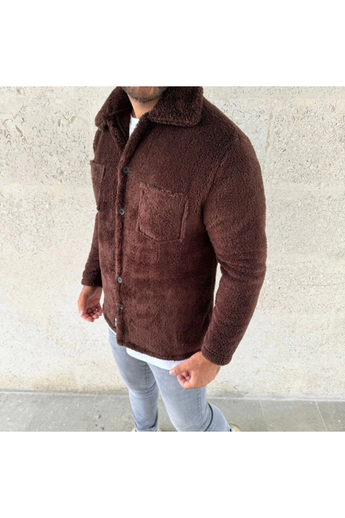 GETFAY Erkek Pelüş Polar Hırka Gömlek – Yakalı, İlik Düğmeli, Göğüs Cepli, Yumuşak Dokulu Kışlık Regular Fi fotoğrafı 3 (önizleme)