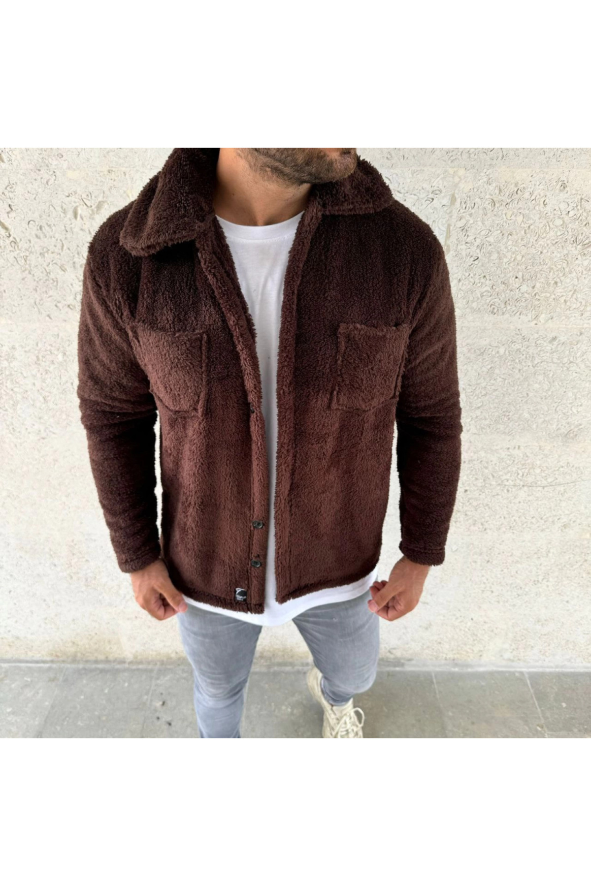 GETFAY Erkek Pelüş Polar Hırka Gömlek – Yakalı, İlik Düğmeli, Göğüs Cepli, Yumuşak Dokulu Kışlık Regular Fi fotoğrafı 2 (önizleme)