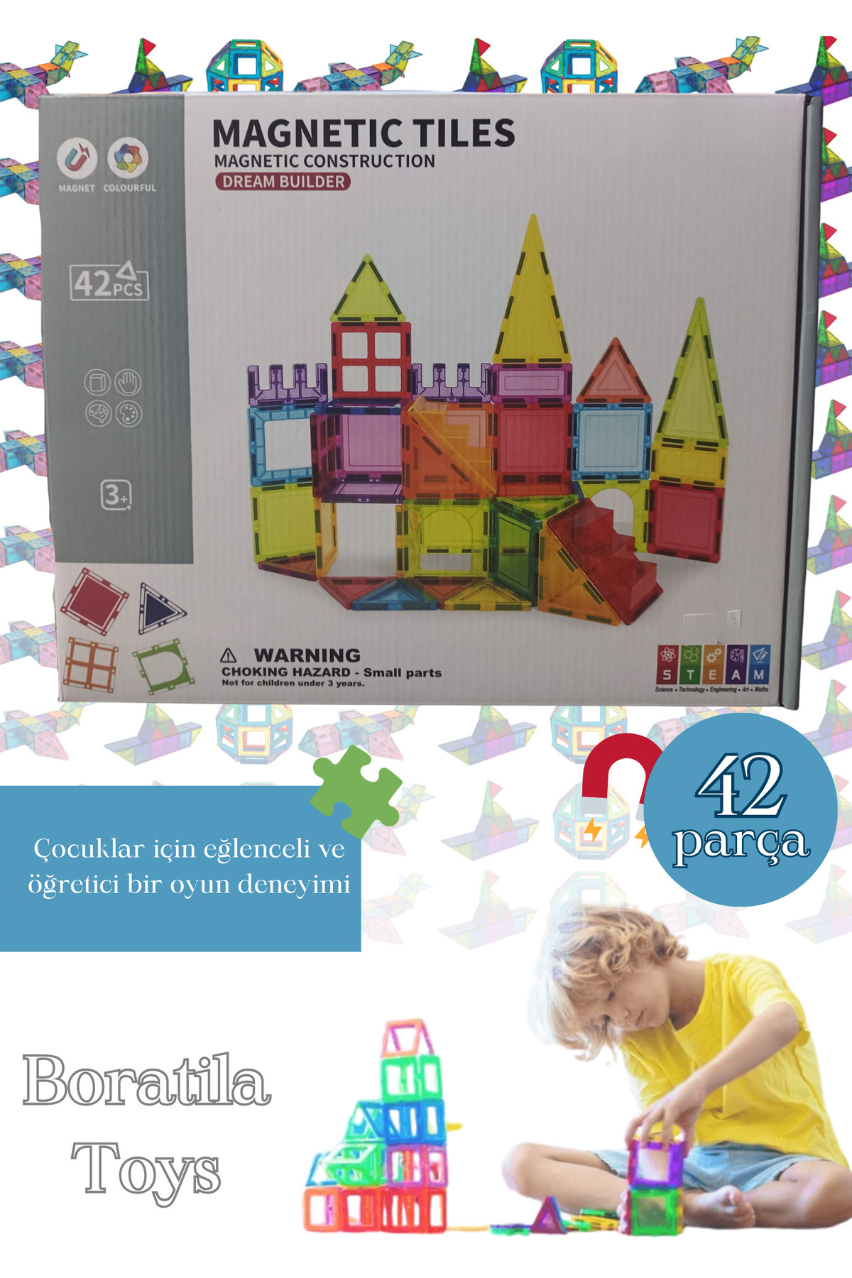 Boratila Toys Manyetik Yapı Blokları – Çocuklar İçin Renkli 3 Boyutlu 42 Parça Manyetik Blok Oyun Seti