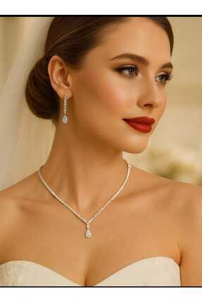 Ümaks Silvers Zarif Zirkon Taşlı Gümüş Kolye Küpe Seti – Özel Gün Takı Takımı