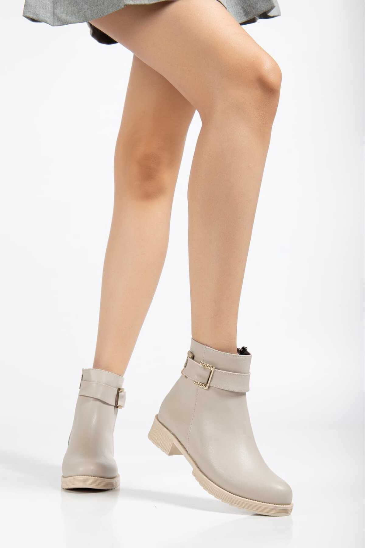 Hale Shoes Bej Cilt Kadın Tokalı Fermuarlı Rahat Kışlık Bot Kaymaz Taban H012 görsel 3