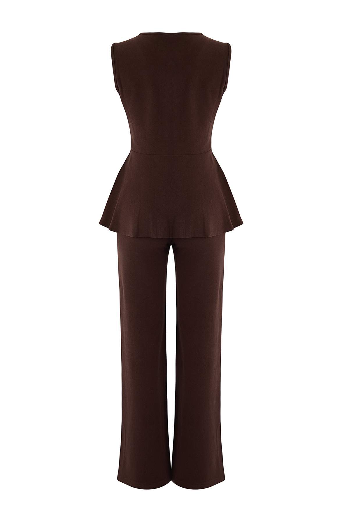 Trendyolmilla  Kahverengi Selanik Düğmeli Belden Açılan Wide Leg/Palazzo Alt Örme Alt - Üst Takım TWOAW26AU00092 - Görsel 6