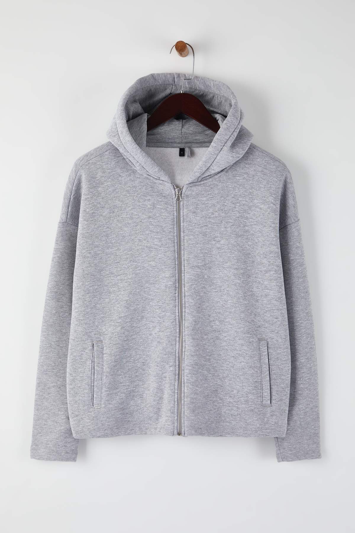 Trendyolmilla  Gri Melanj Kalın İçi Polarlı Kapüşonlu Fermuarlı Oversize/Geniş Kesim Örme Sweatshirt TWOAW26SW00111 - Görsel 5